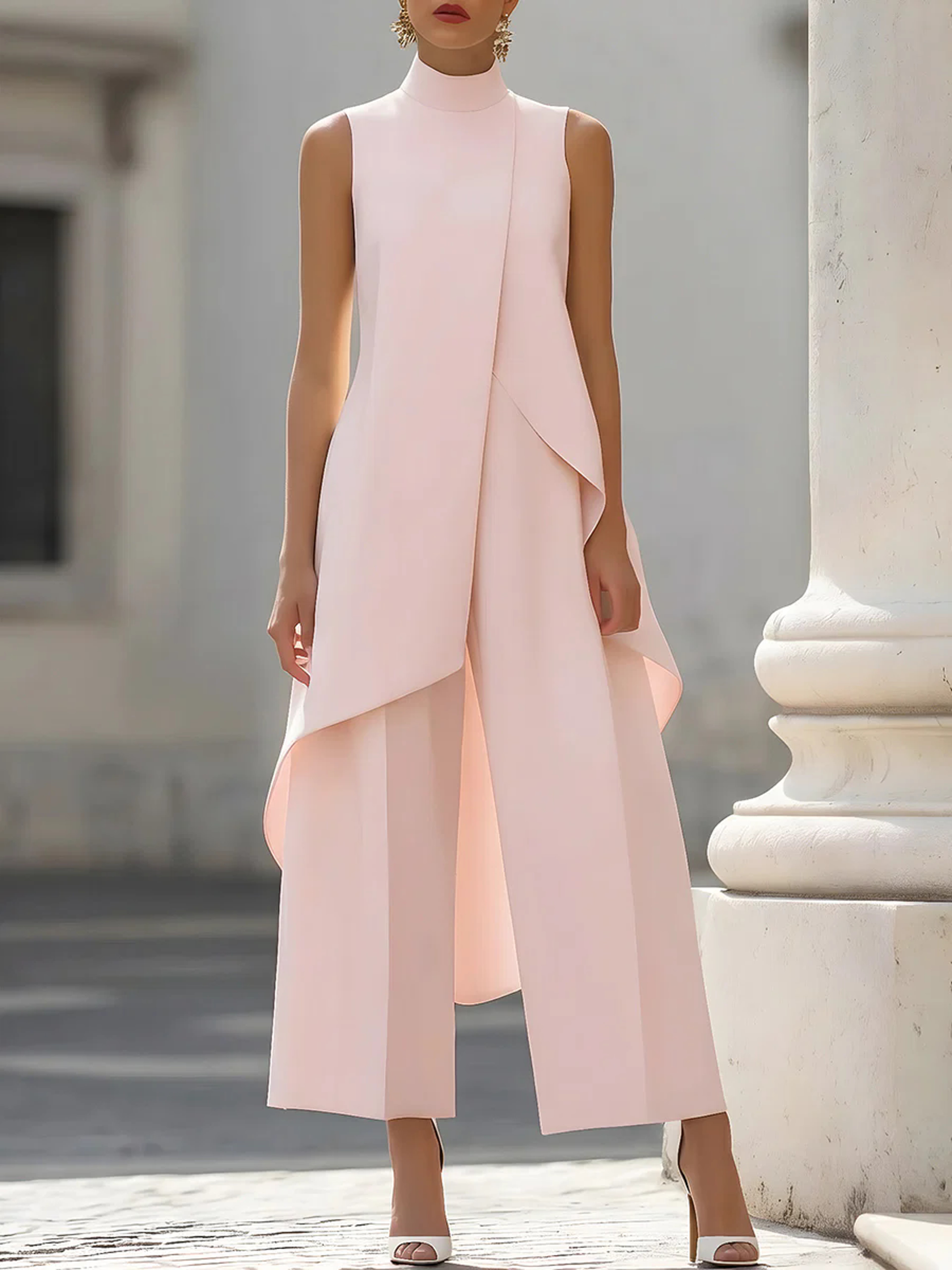 Elegant High Neck Asymmetrical Layered Wide Leg Jumpsuit For Women 2