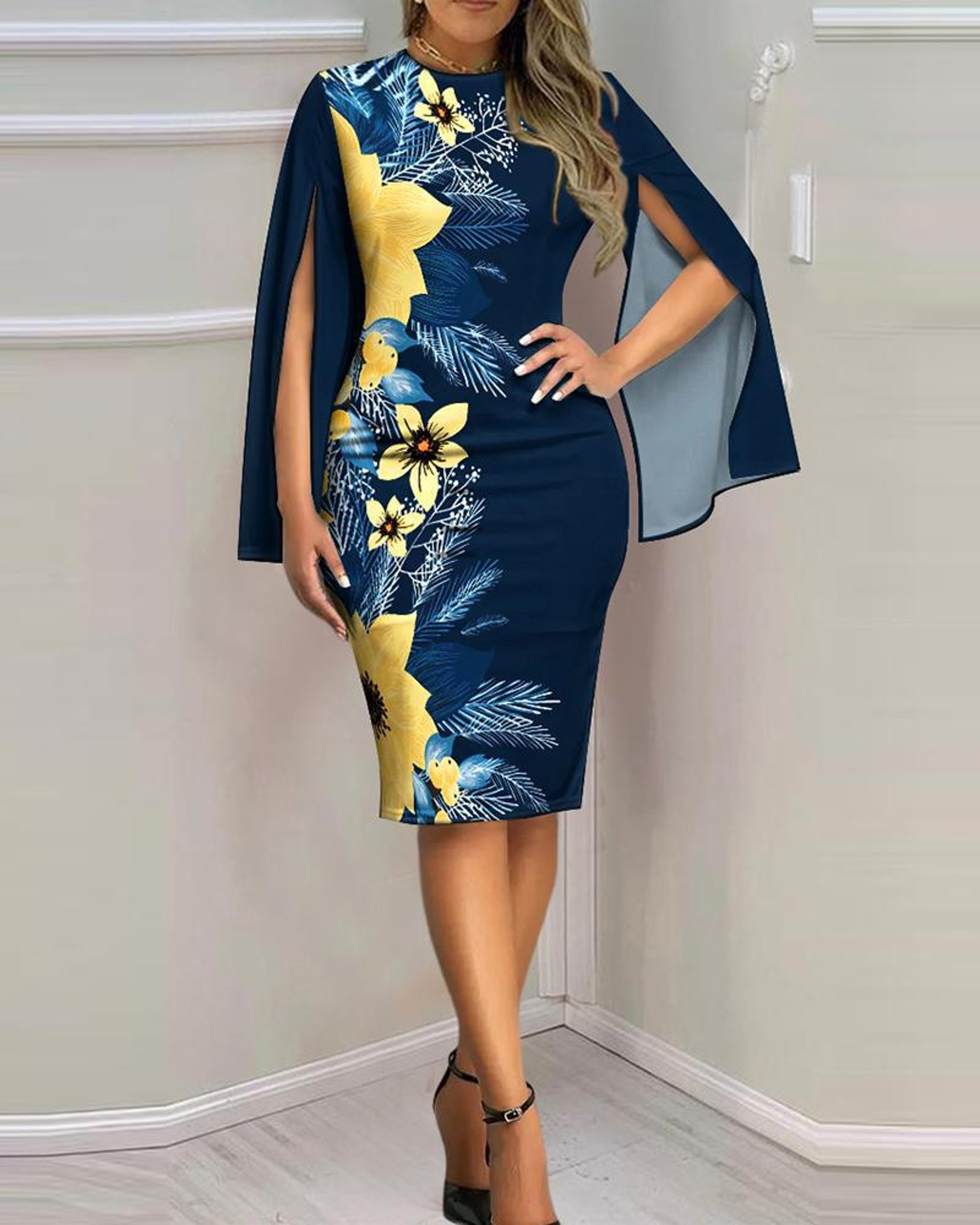 Elegant Womens V Neck Bodycon Midi Dress With Cape Sleeves 0