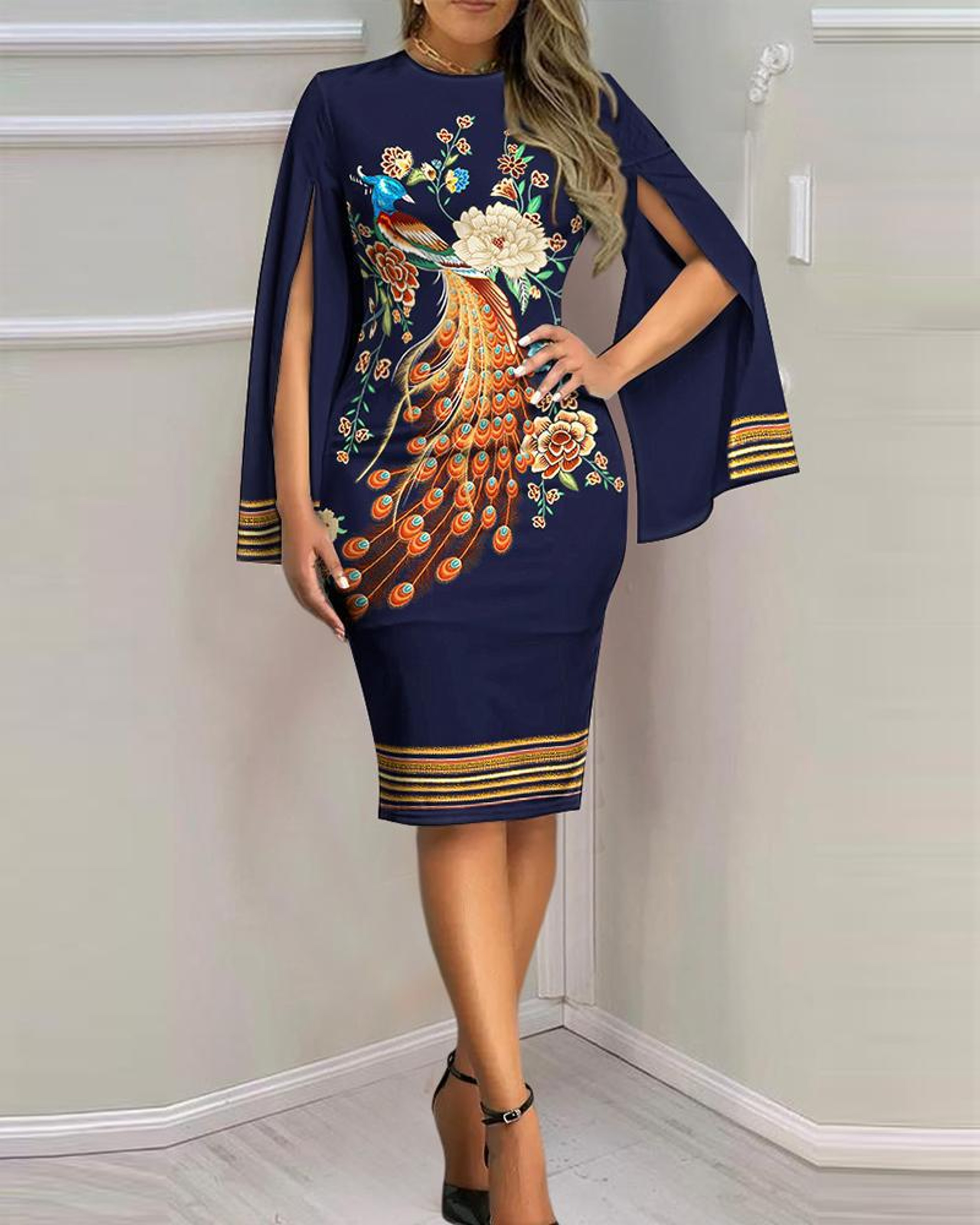 Elegant Womens V Neck Bodycon Midi Dress With Cape Sleeves 5