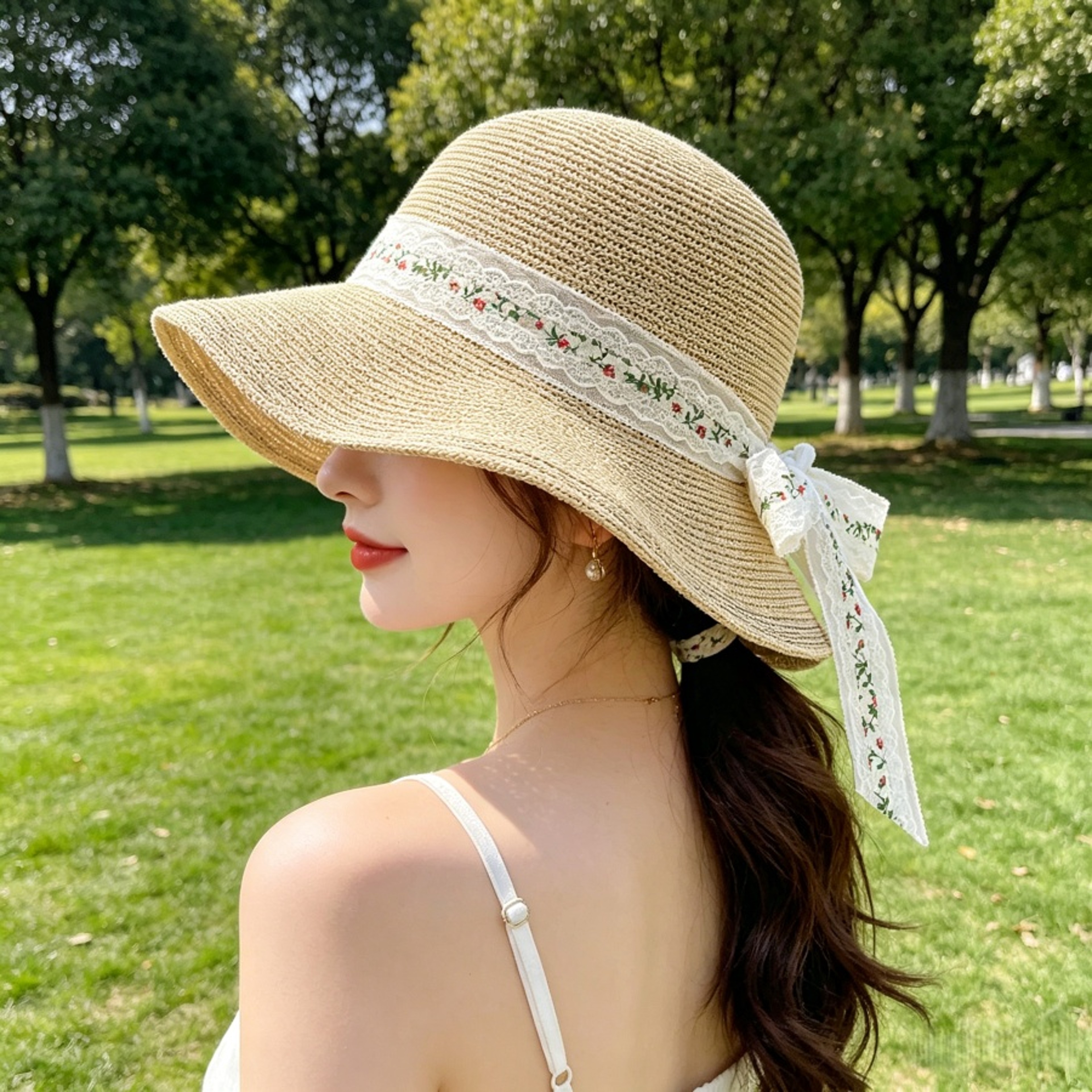 Foldable Wide Brim Straw Sun Hat with Floral Lace Ribbon Bow – view 1