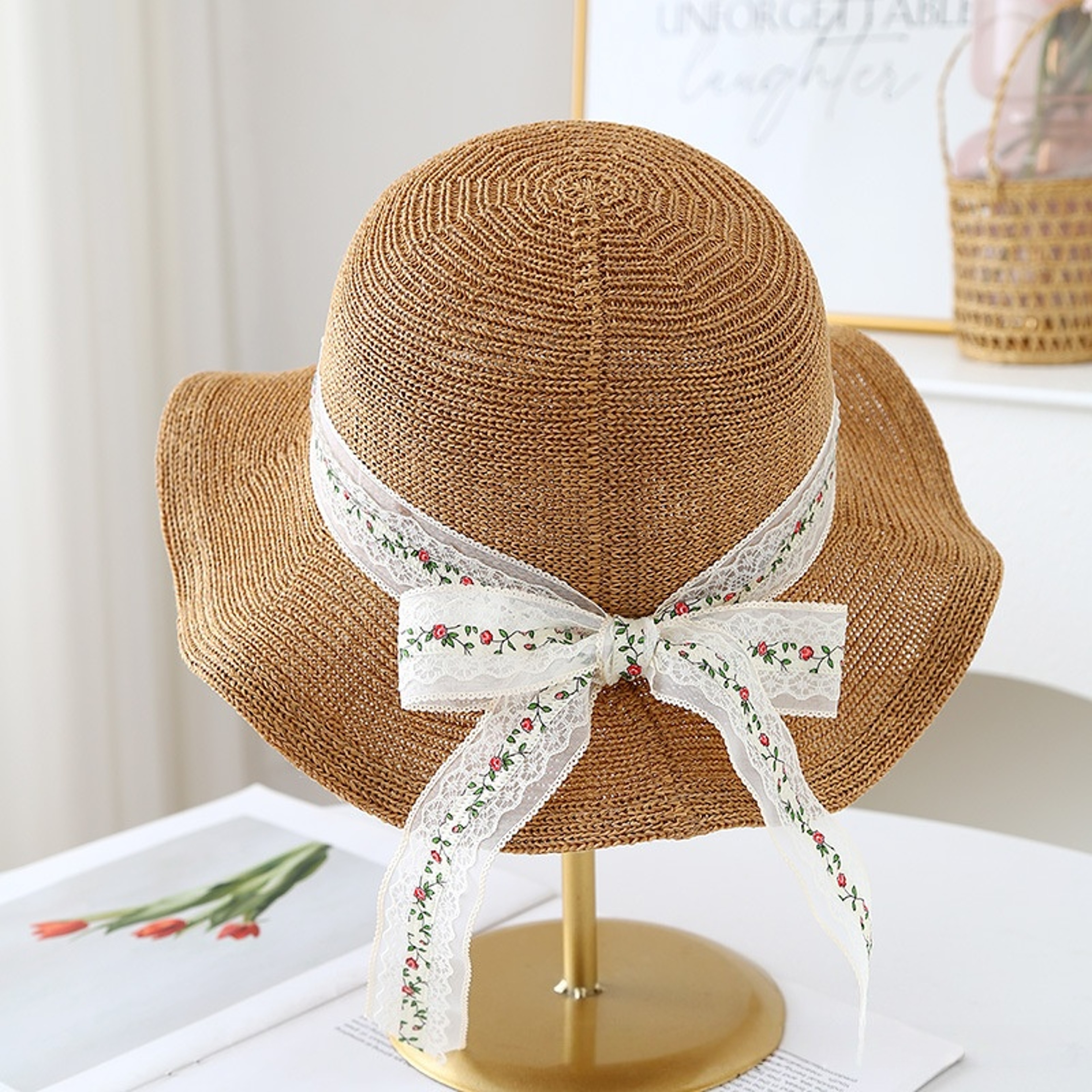 Foldable Wide Brim Straw Sun Hat with Floral Lace Ribbon Bow – view 8