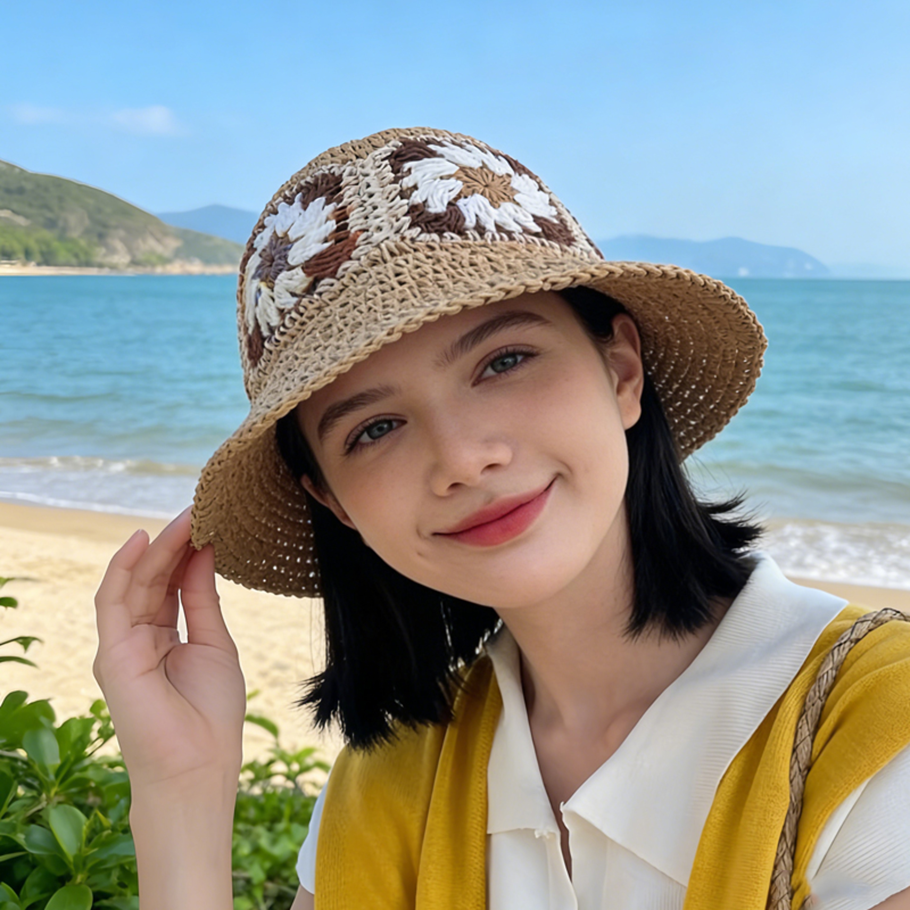 Bohemia Flower Straw Sun Hat Foldable Beach Vacation Cap 0