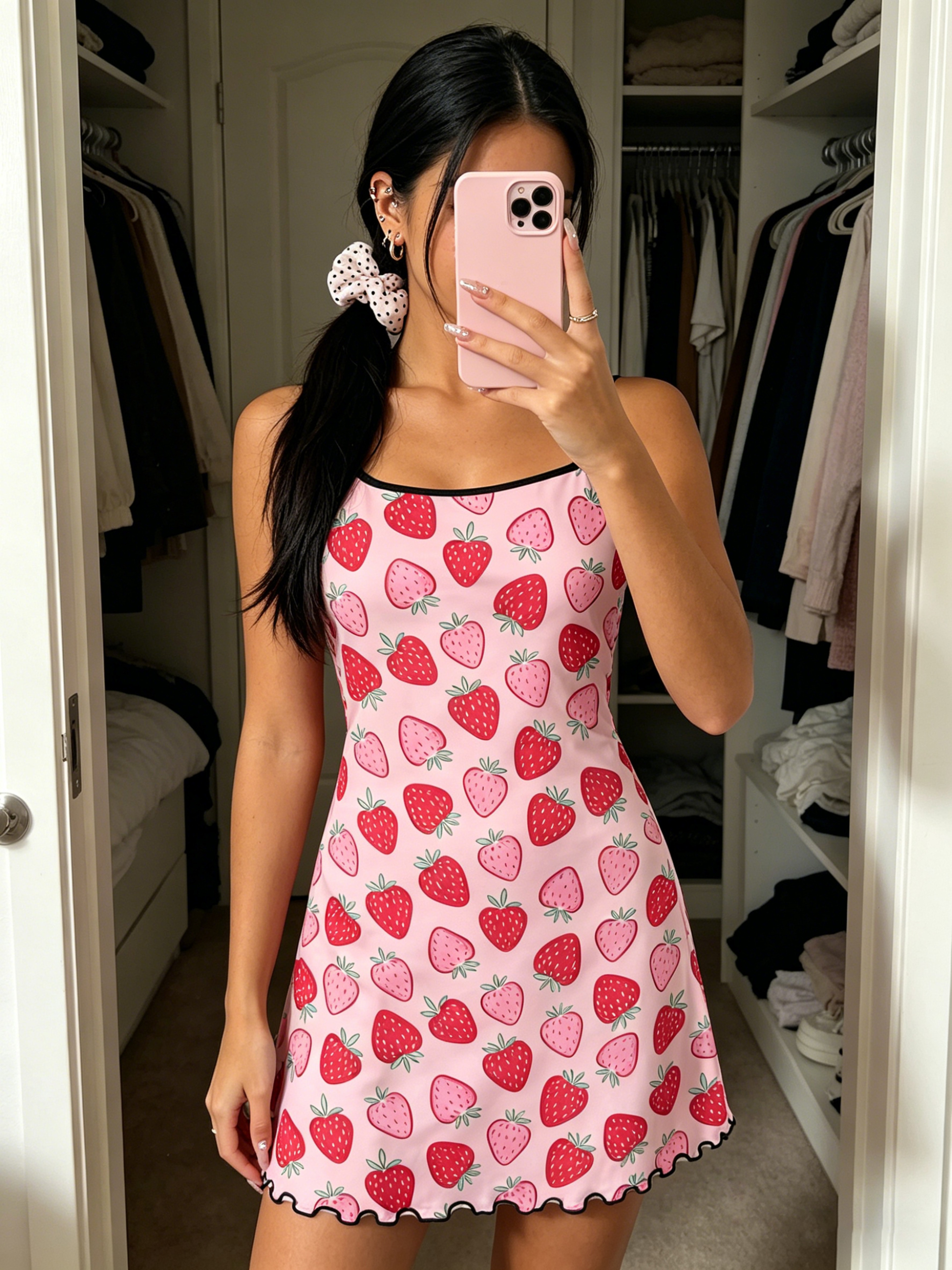 Strawberry Print Women Summer Nightdress Spaghetti Strap Ruffle Sleep Dress 4