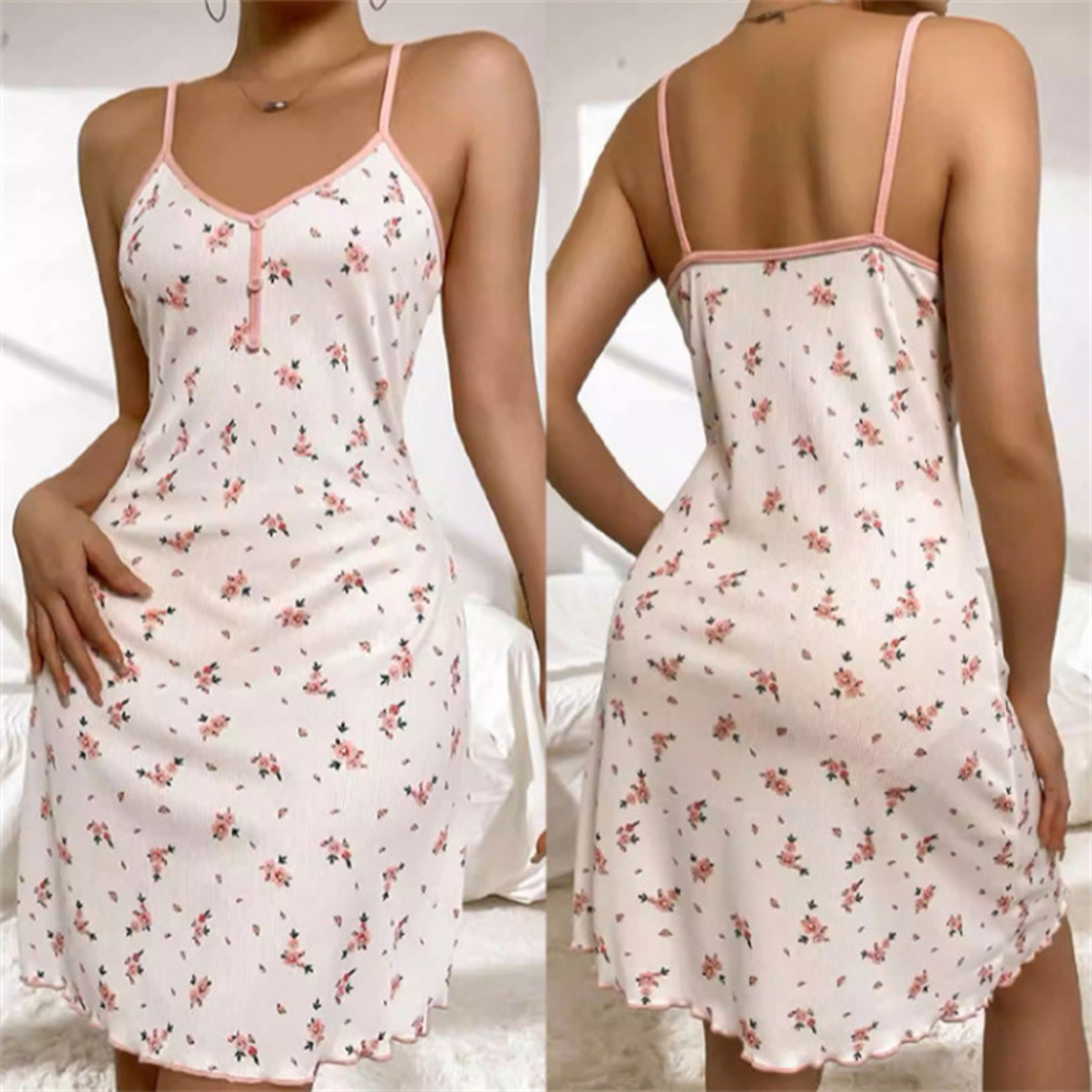 Floral V Neck Sleepwear Button Front Plus Size Nightgown – view 5