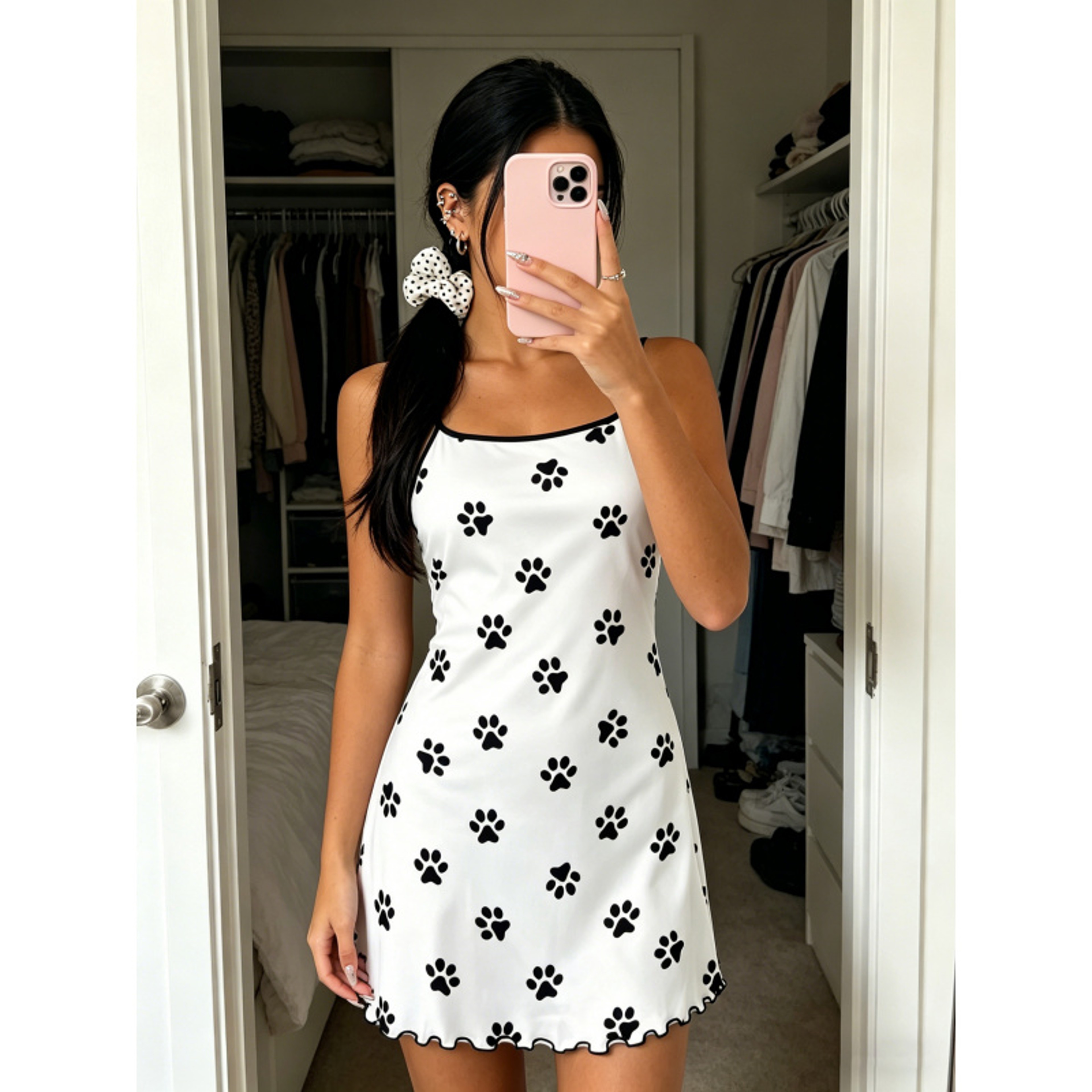 Cute Paw Print Summer Nightdress Spaghetti Strap Ruffle Trim Loungewear Sleep Dress 0