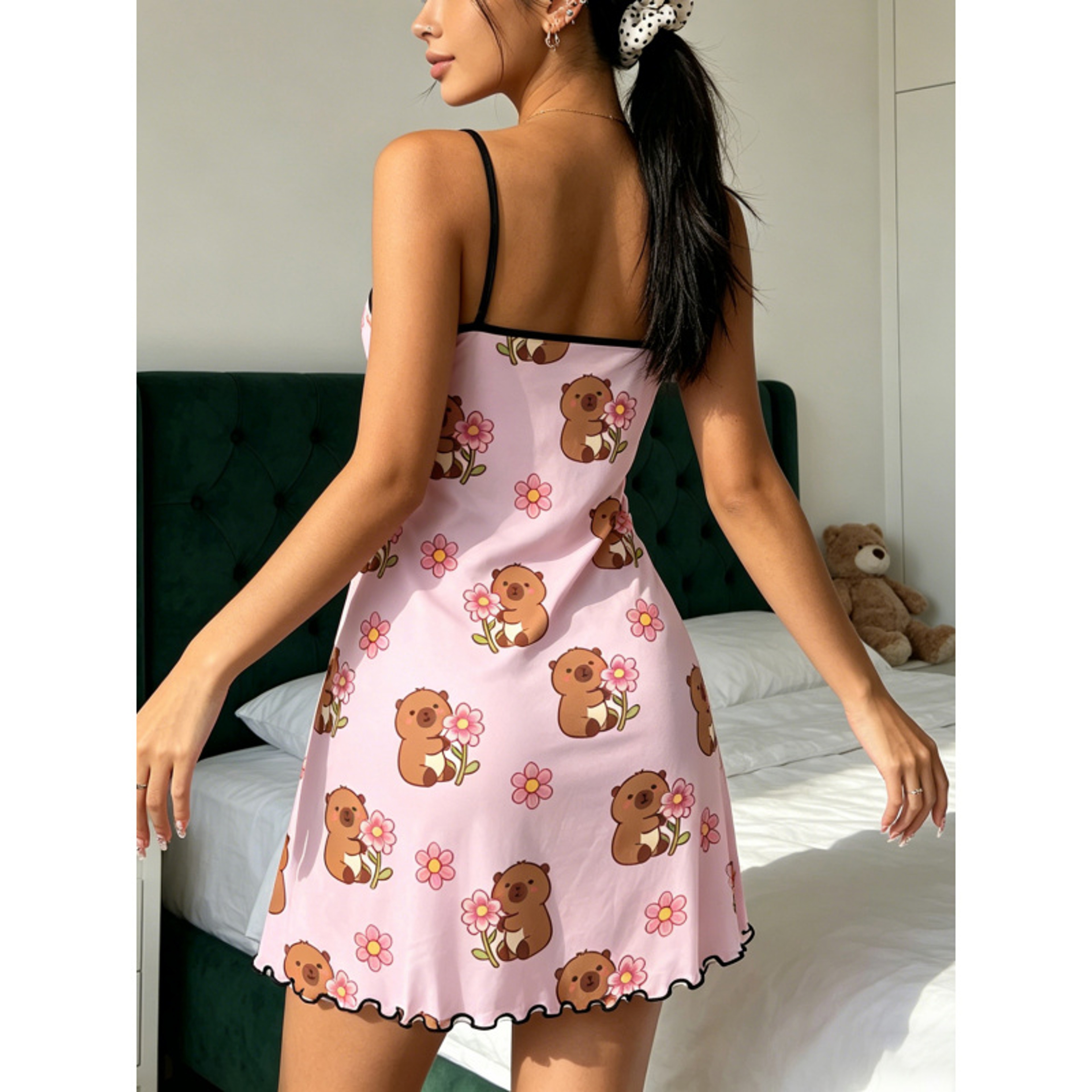 Cute Capybara Summer Nightdress Ruffle Trim Spaghetti Strap Sleep Dress 1
