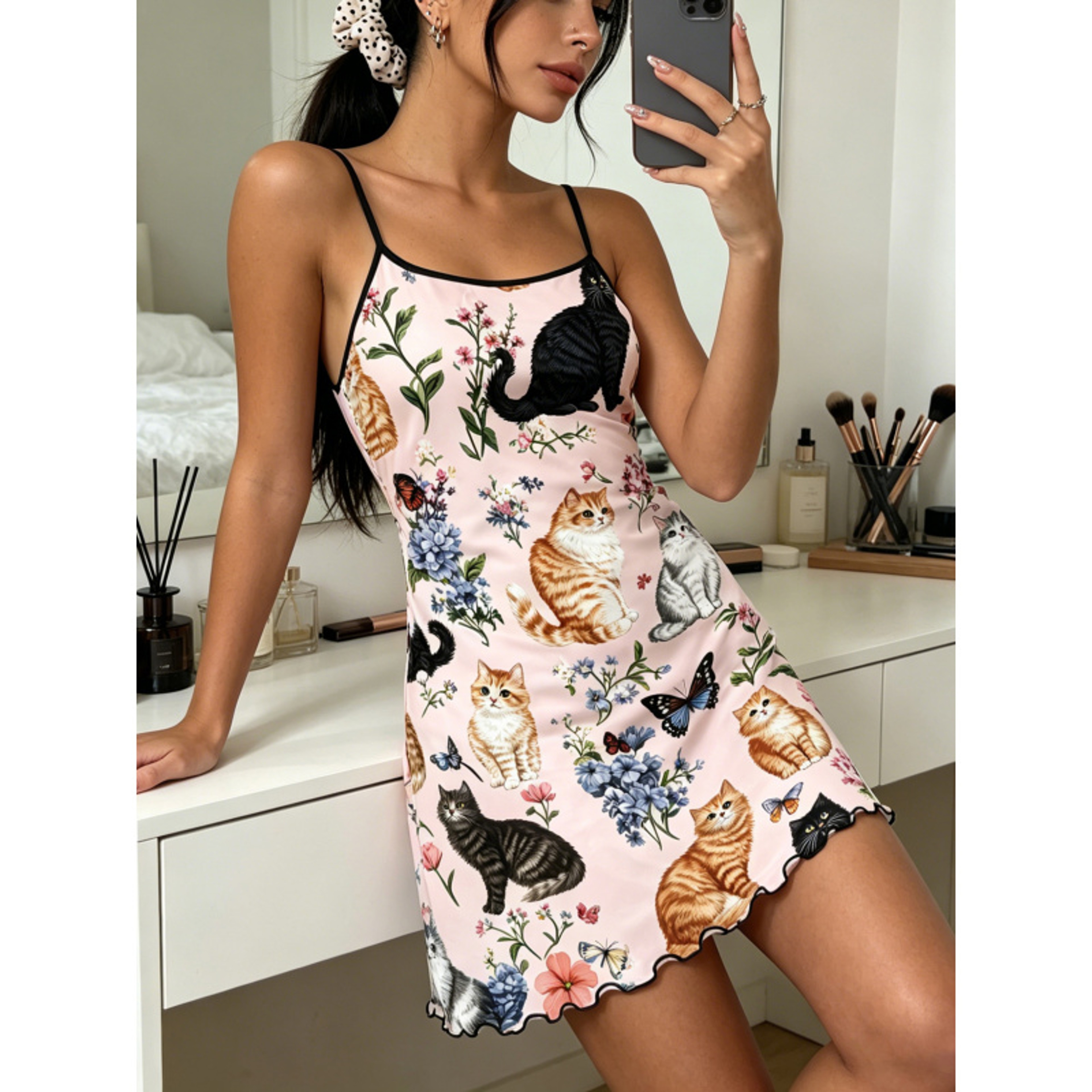Cute Cat Floral Spaghetti Strap Sleep Dress Ruffle Trim Summer Loungewear 3
