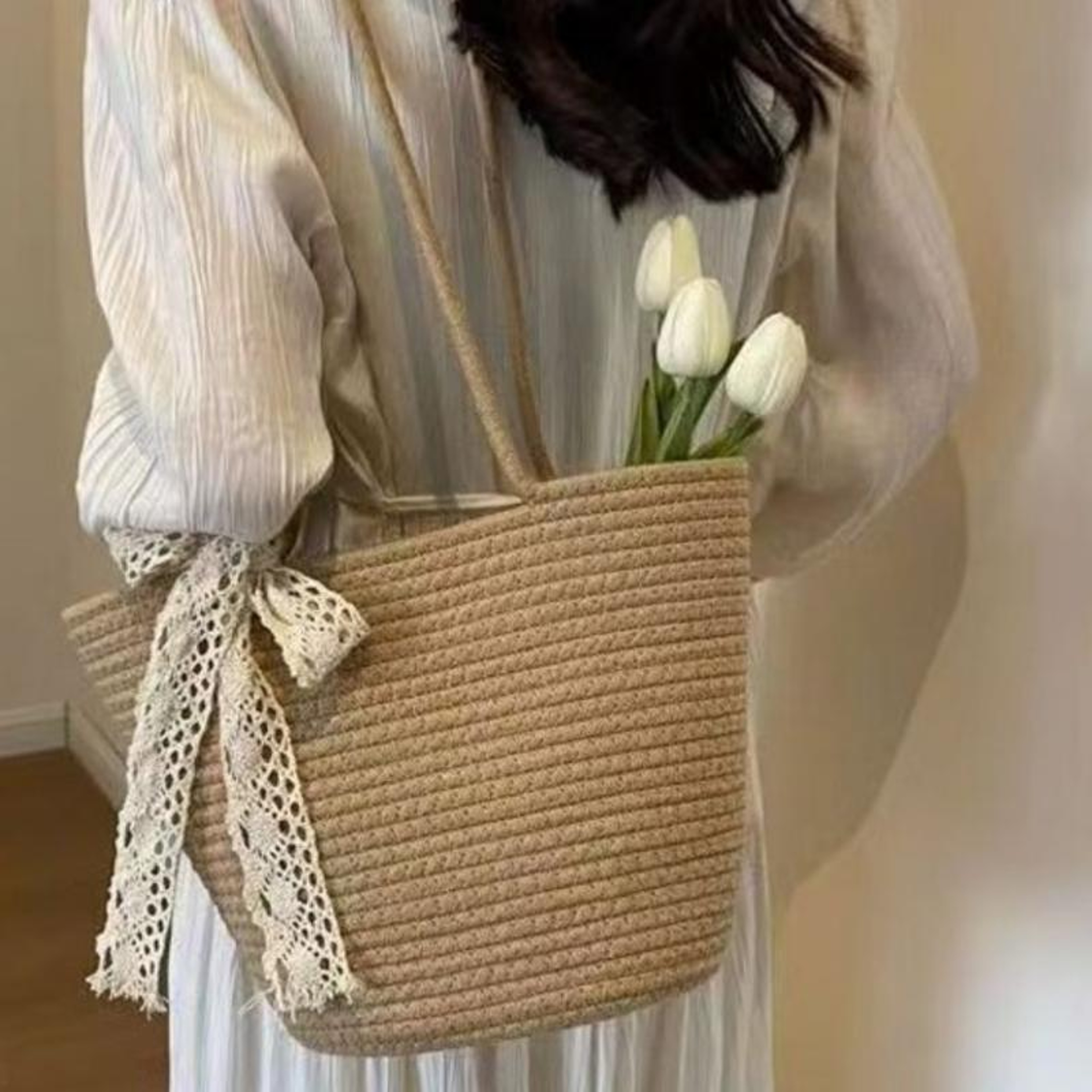 French Style Straw Woven Tote Bag - Large Capacity Beach Vacation Shoulder Bag and Casual Commuter Purse – view 1