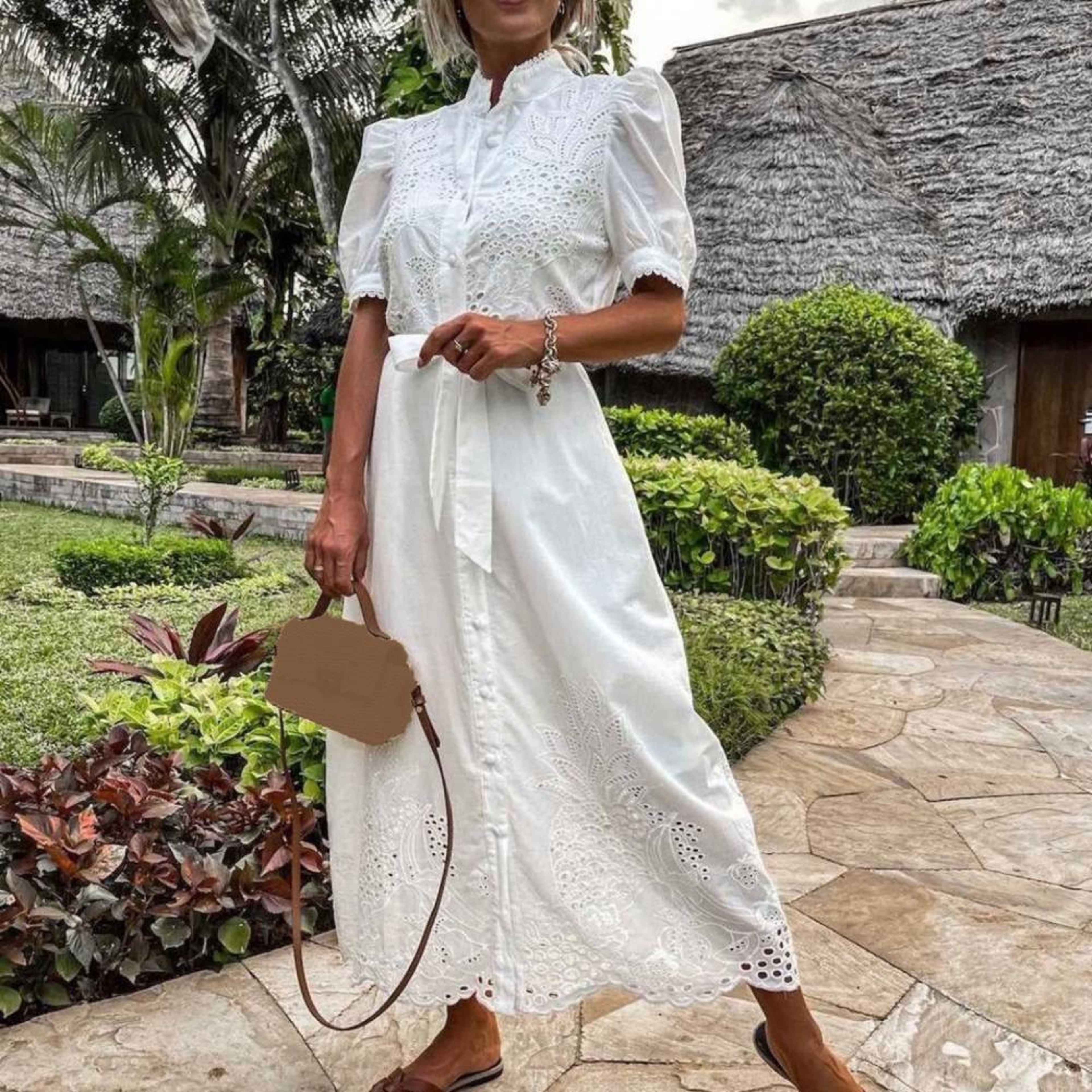 Elegant Summer Shirt Dress LaceUp Puff Sleeve Bohemian Maxi 1