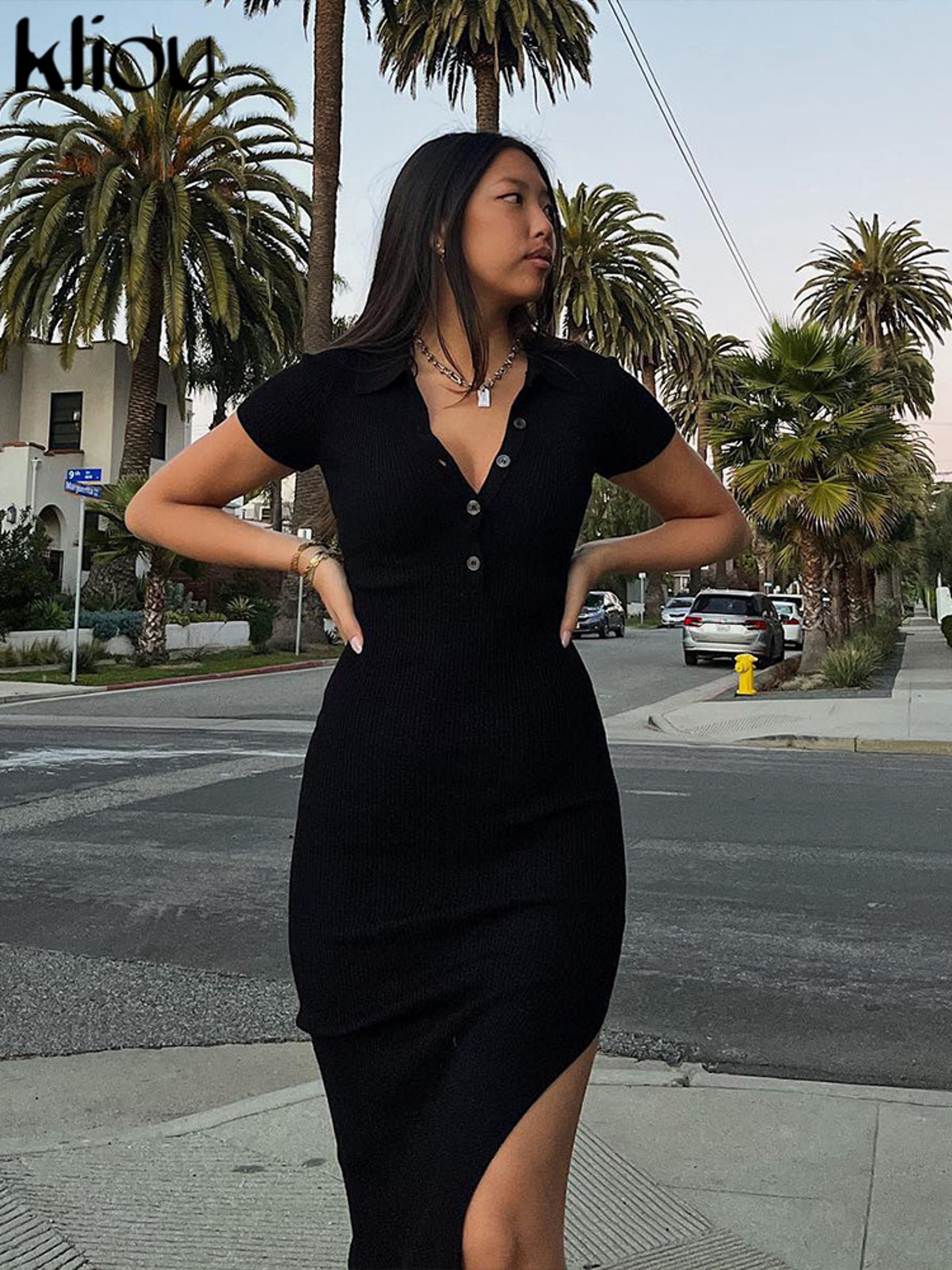 Kliou Button Side Slit Maxi Dress With Turn Down Collar 2