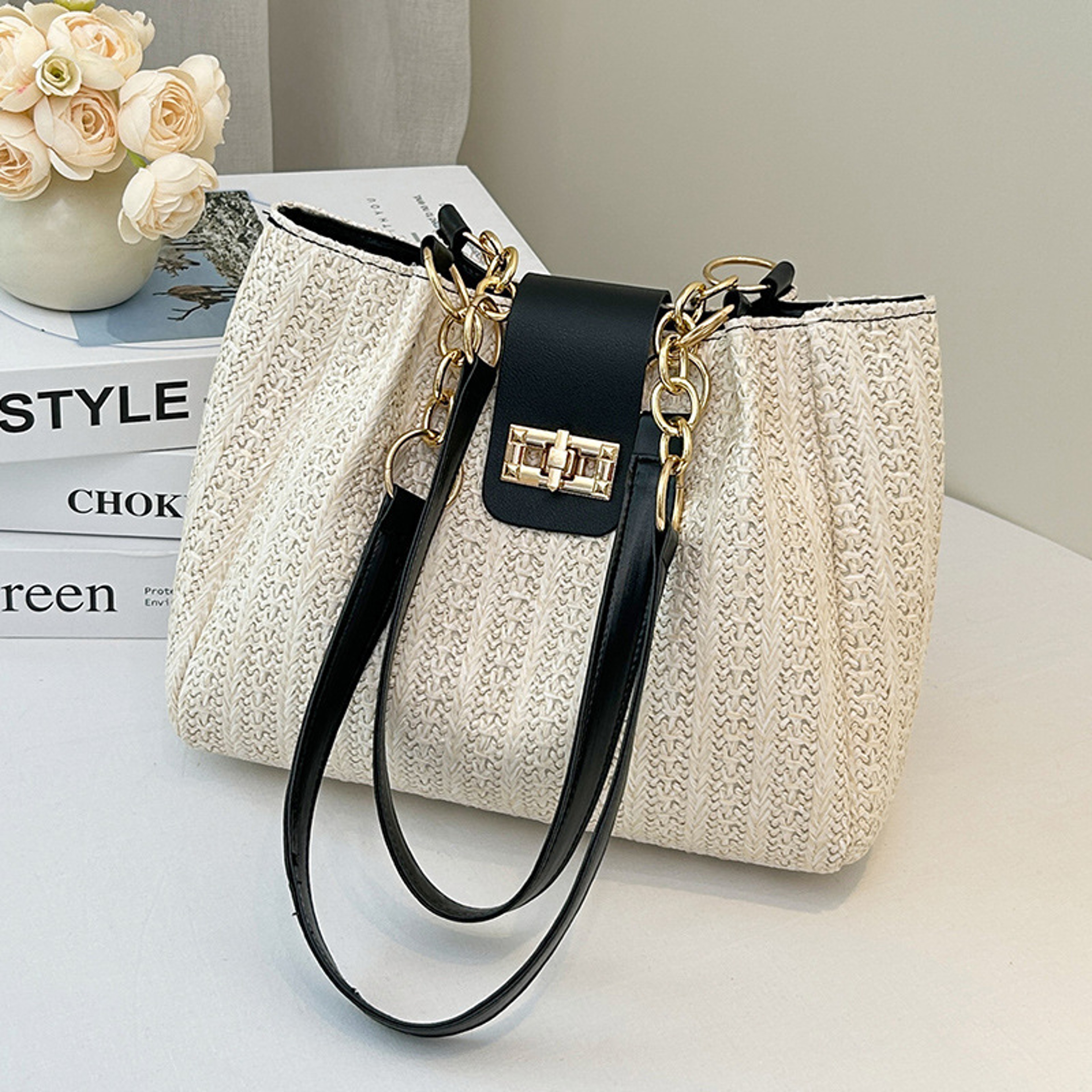 Isla Woven Straw Tote Bag - Large Capacity Shoulder Handbag for Beach Vacation – view 4