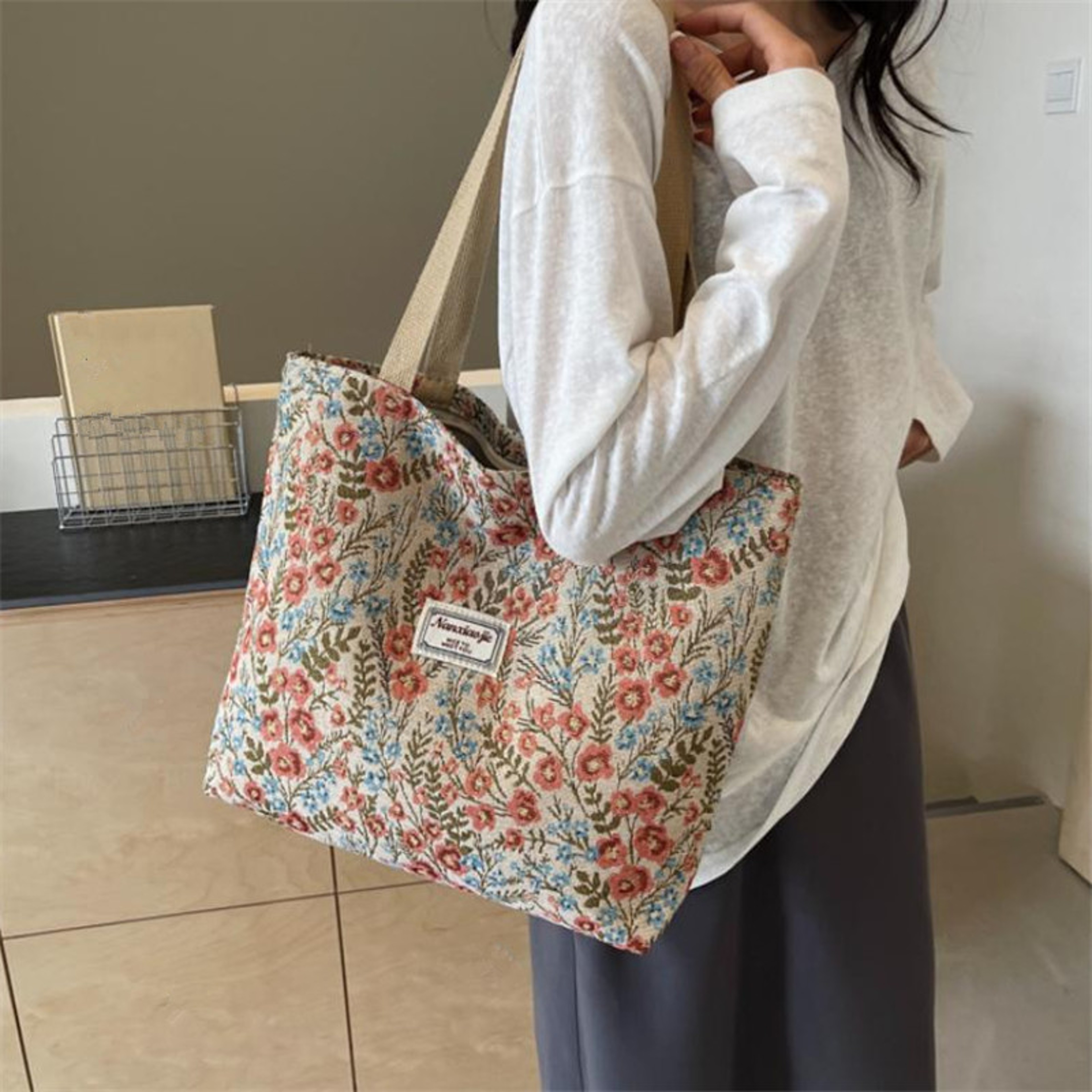 Embroidered Floral Canvas Tote Bag Delicate Blossom Shoulder Purse for Women – view 2