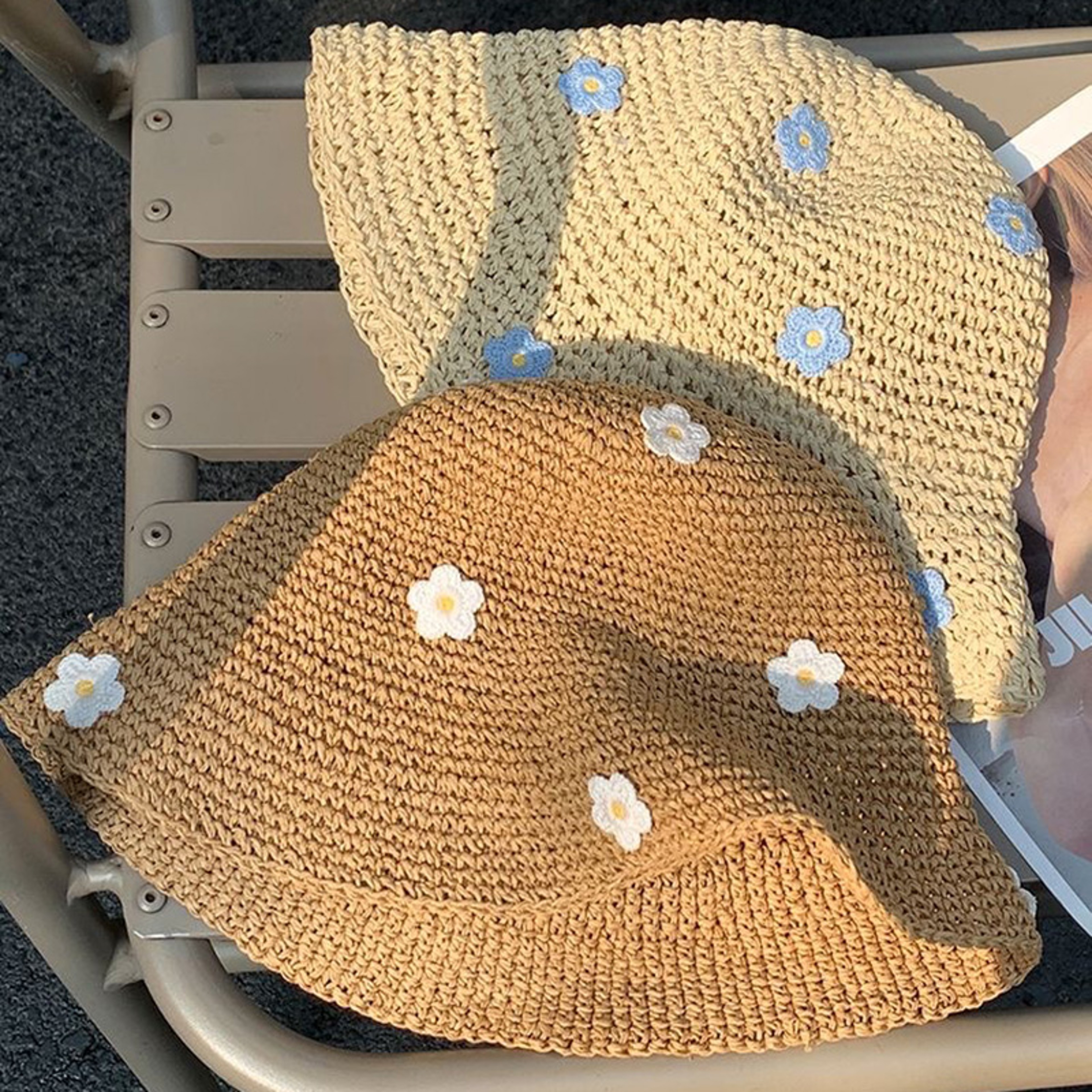 Boho Crochet Flower Straw Bucket Hat  Foldable UV Protection Summer Sun Cap 1