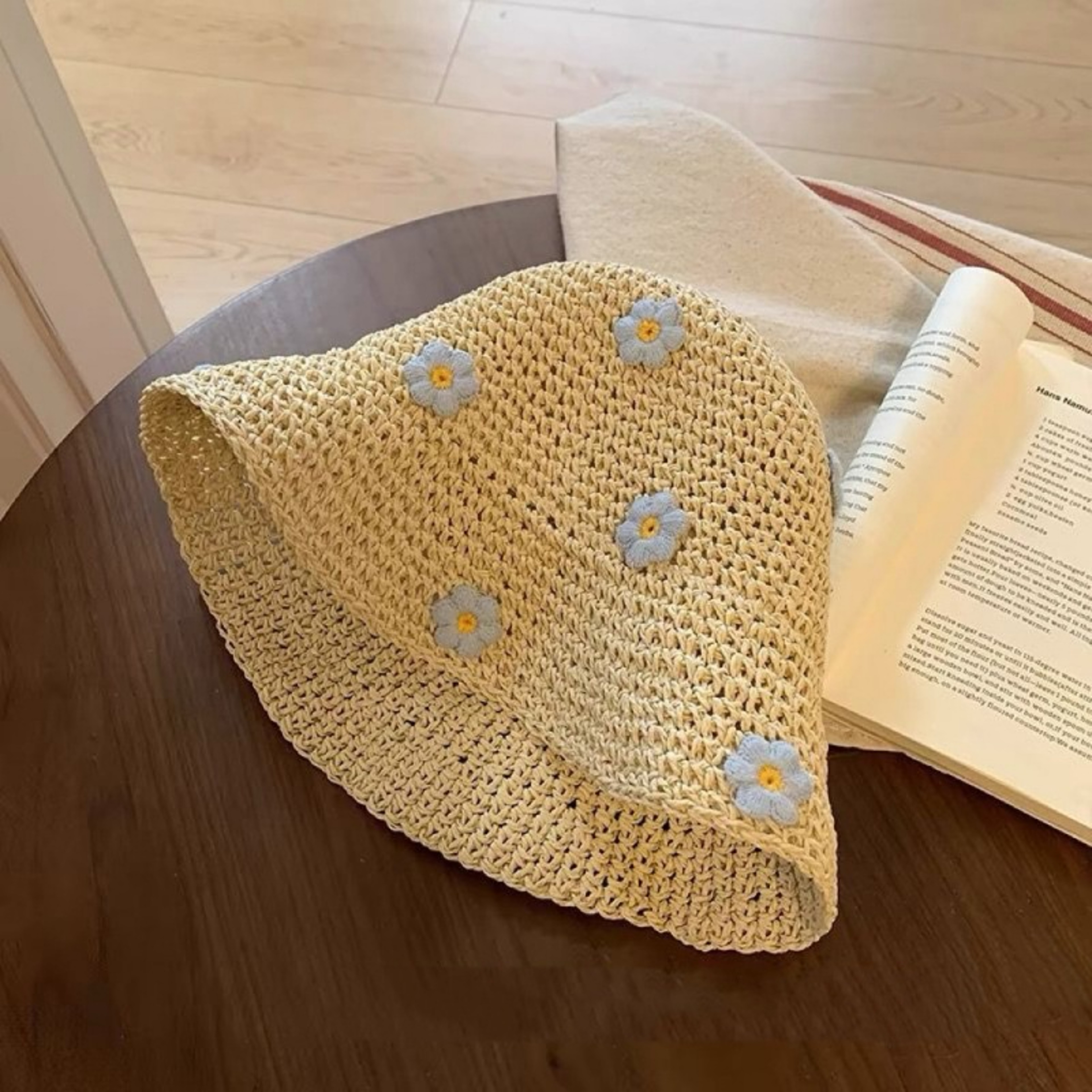Boho Crochet Flower Straw Bucket Hat  Foldable UV Protection Summer Sun Cap 5