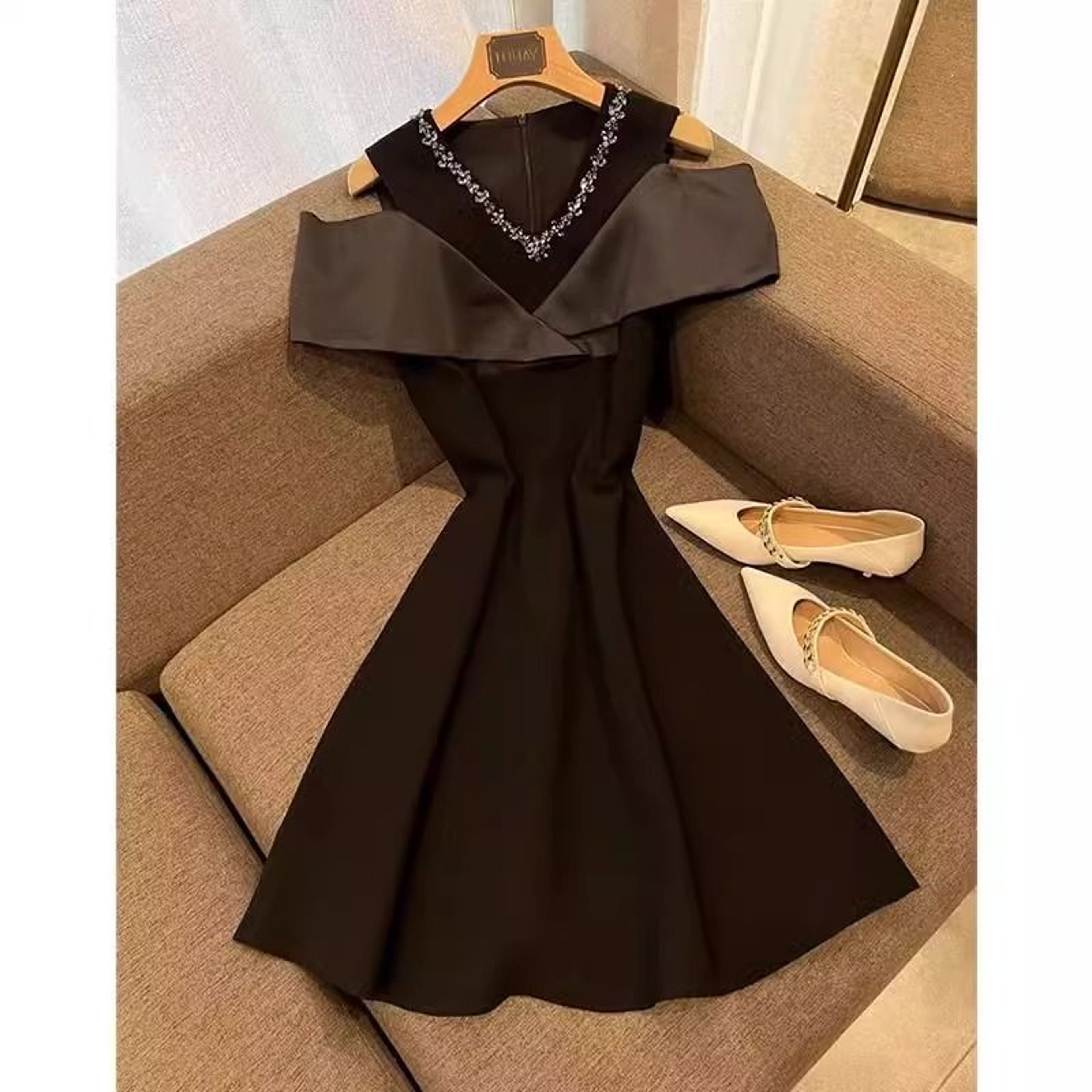 French Vintage Black Patchwork Long Strap Dress  Elegant Sleeveless Bodycon Party Dress 7