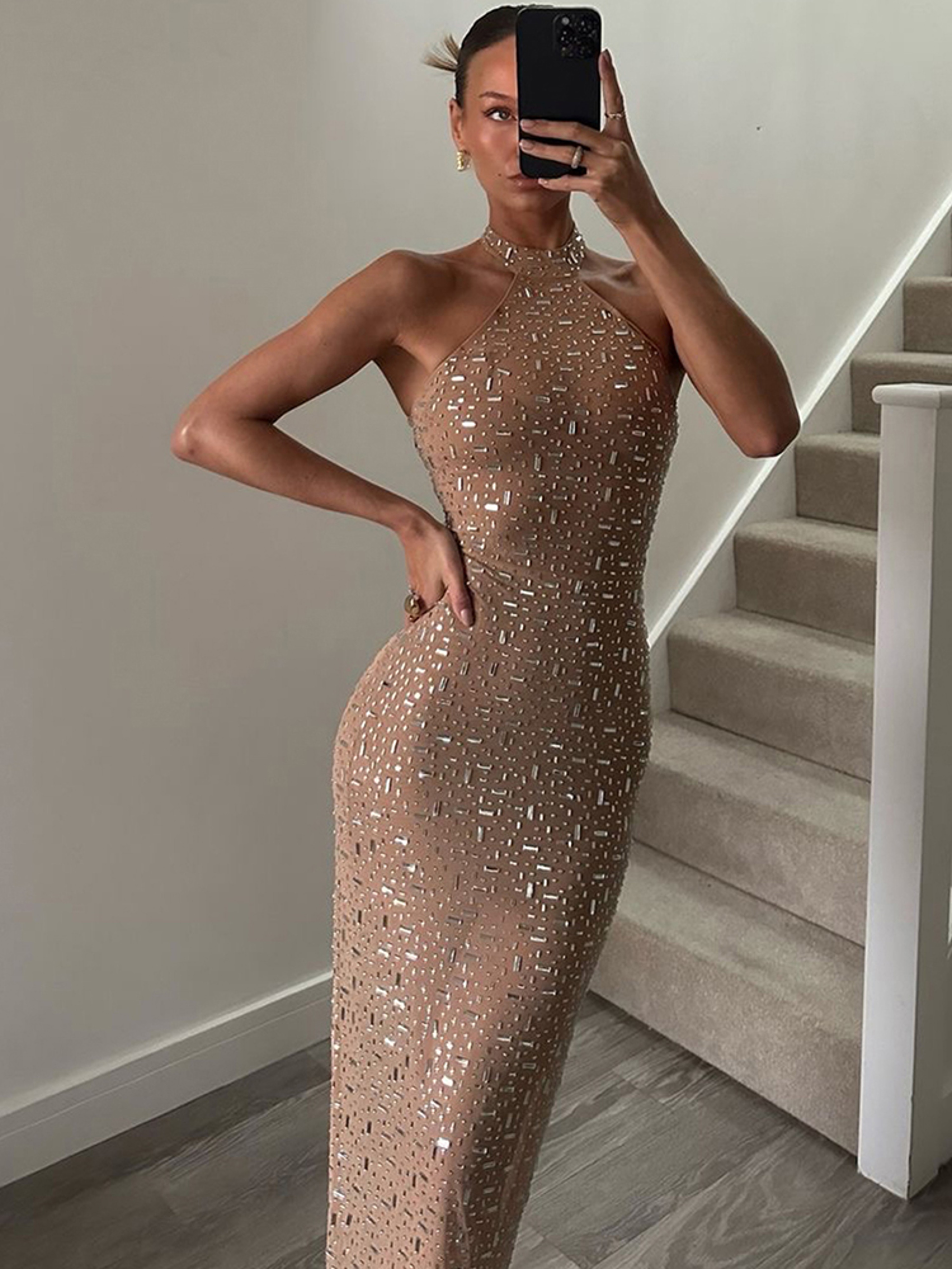 Sisterlinda Sequin Halter Bodycon Dress Elegant Sleeveless Gown For Party And Club 2