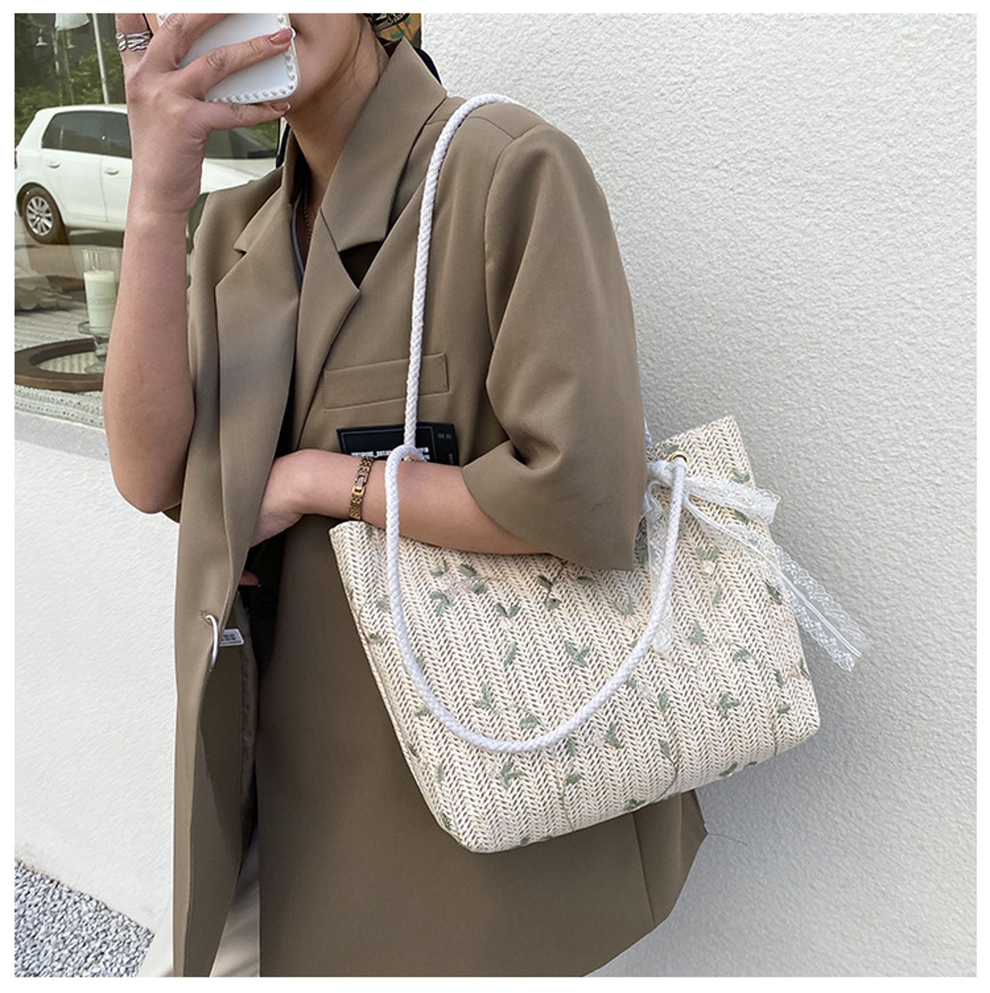 Lace Floral Embroidered Straw Woven Large Capacity Shoulder Bag – view 8