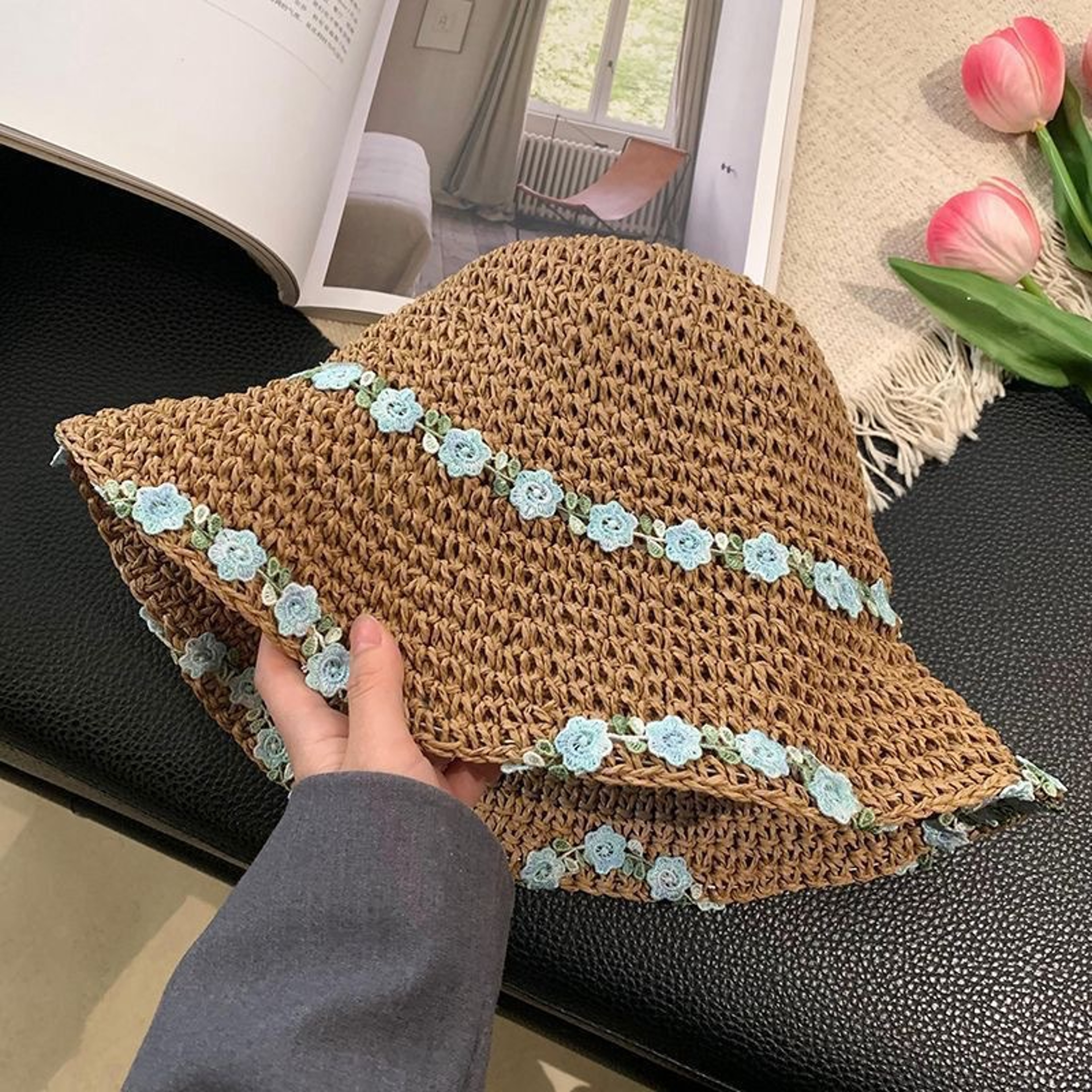 Packable Floral Straw Hat - Foldable Summer Beach Sun Hat for Women – view 6