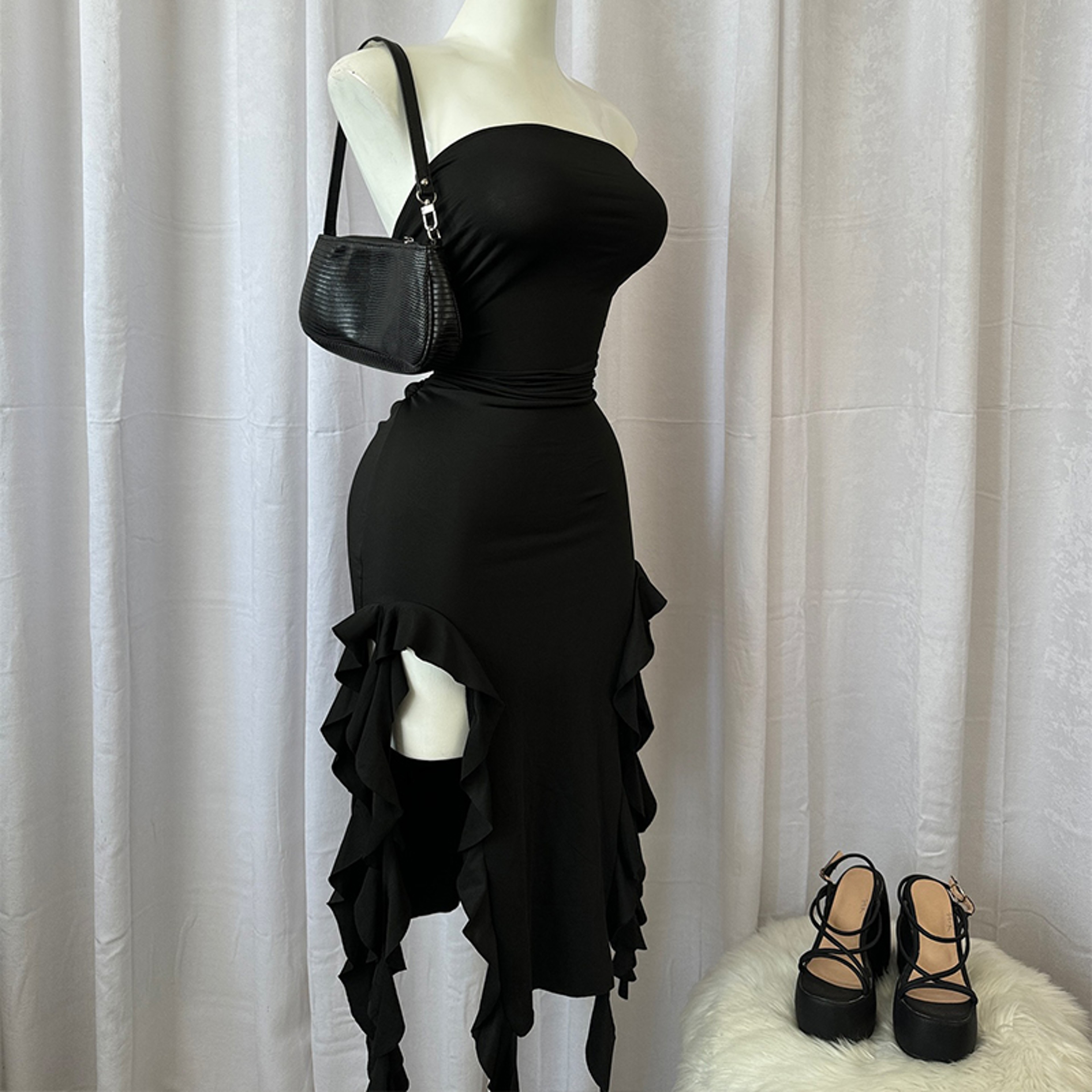 Strapless Backless Mini Party Dress With High Slit And Fold Hemline 0