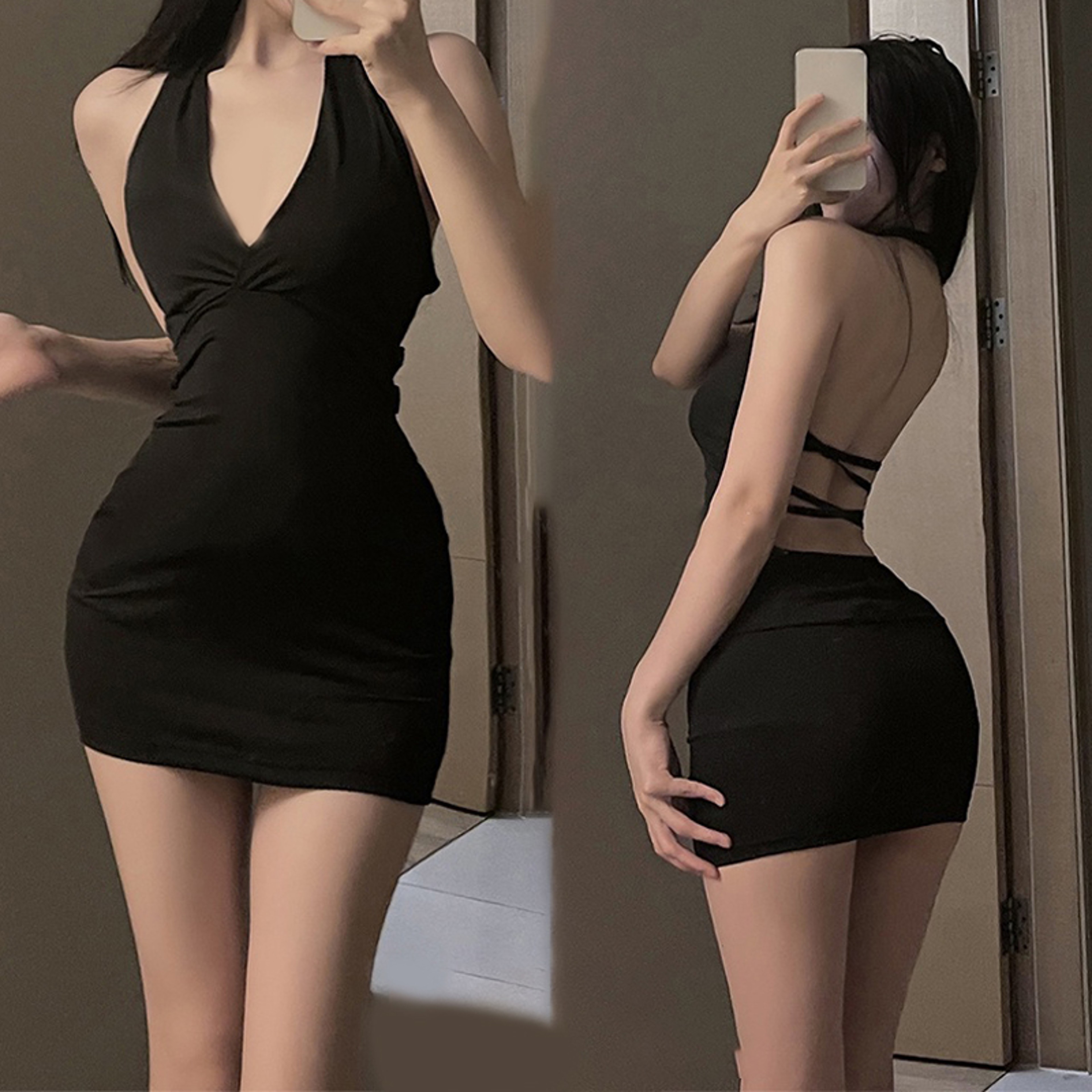 Seductive V Neck Backless Mini Dress  Slim Fit Erotic Party Uniform 0