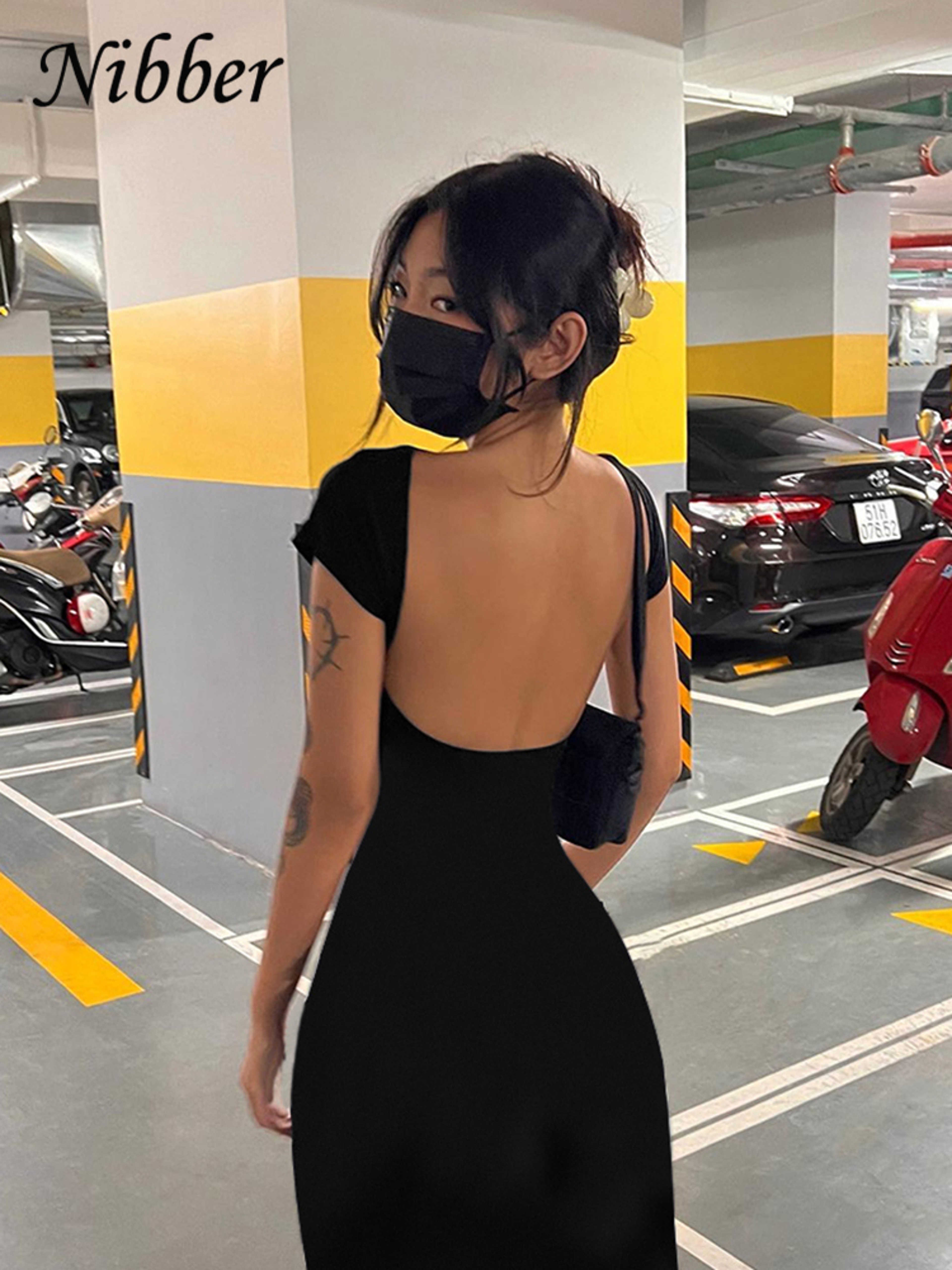 Nibber Backless Maxi Dress  Elegant Short Sleeve Slim Fit Bodycon Long Dress For Women 0