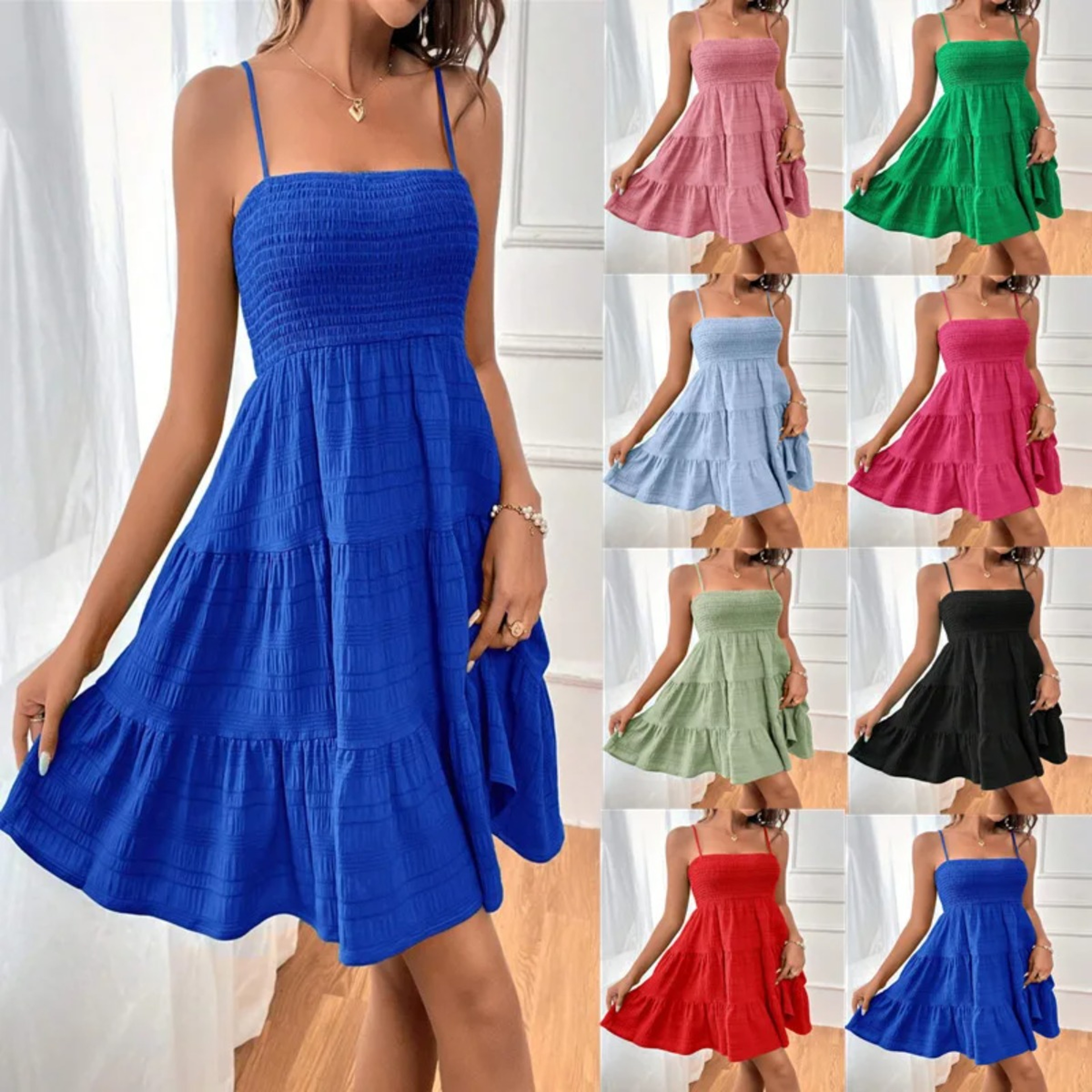 Smocked Bustier Blue Ruffled Tiered Swing Dress  Summer Casual Vacation Beach Mini Sundress 0