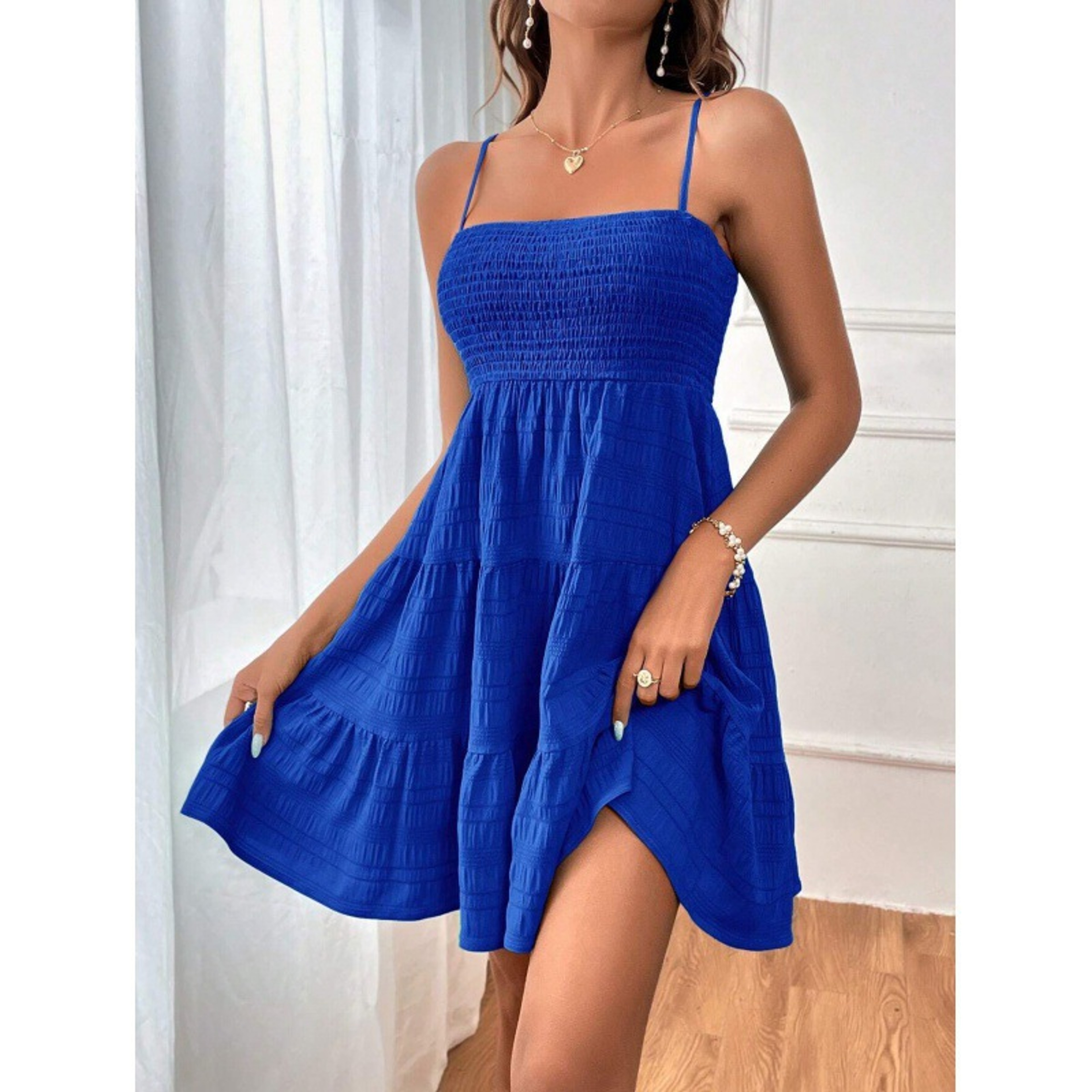 Smocked Bustier Blue Ruffled Tiered Swing Dress  Summer Casual Vacation Beach Mini Sundress 8