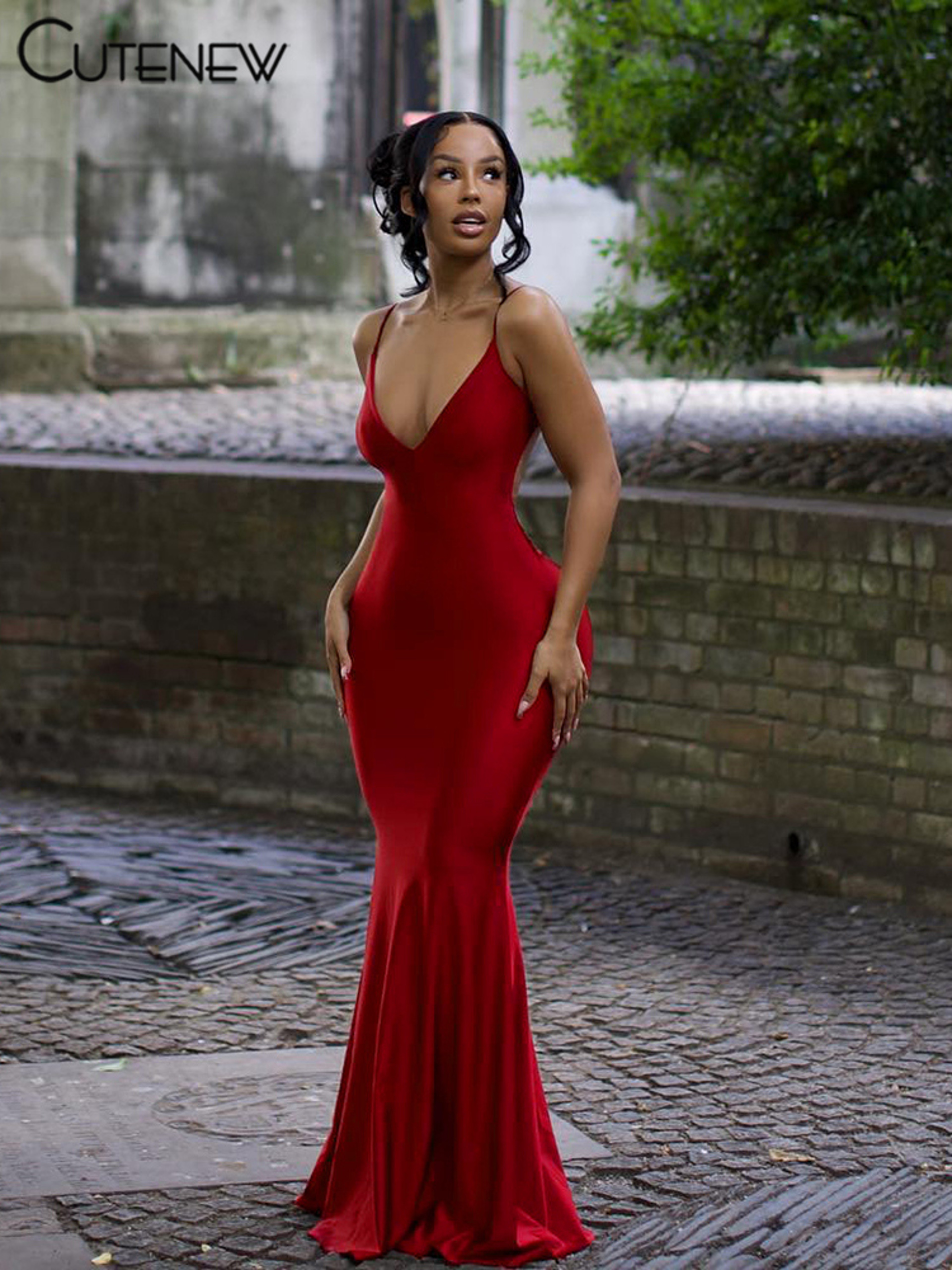 Nibber Red Shiny Backless Ruched Maxi Dress  Sexy Spaghetti Strap Bodycon Gown 2