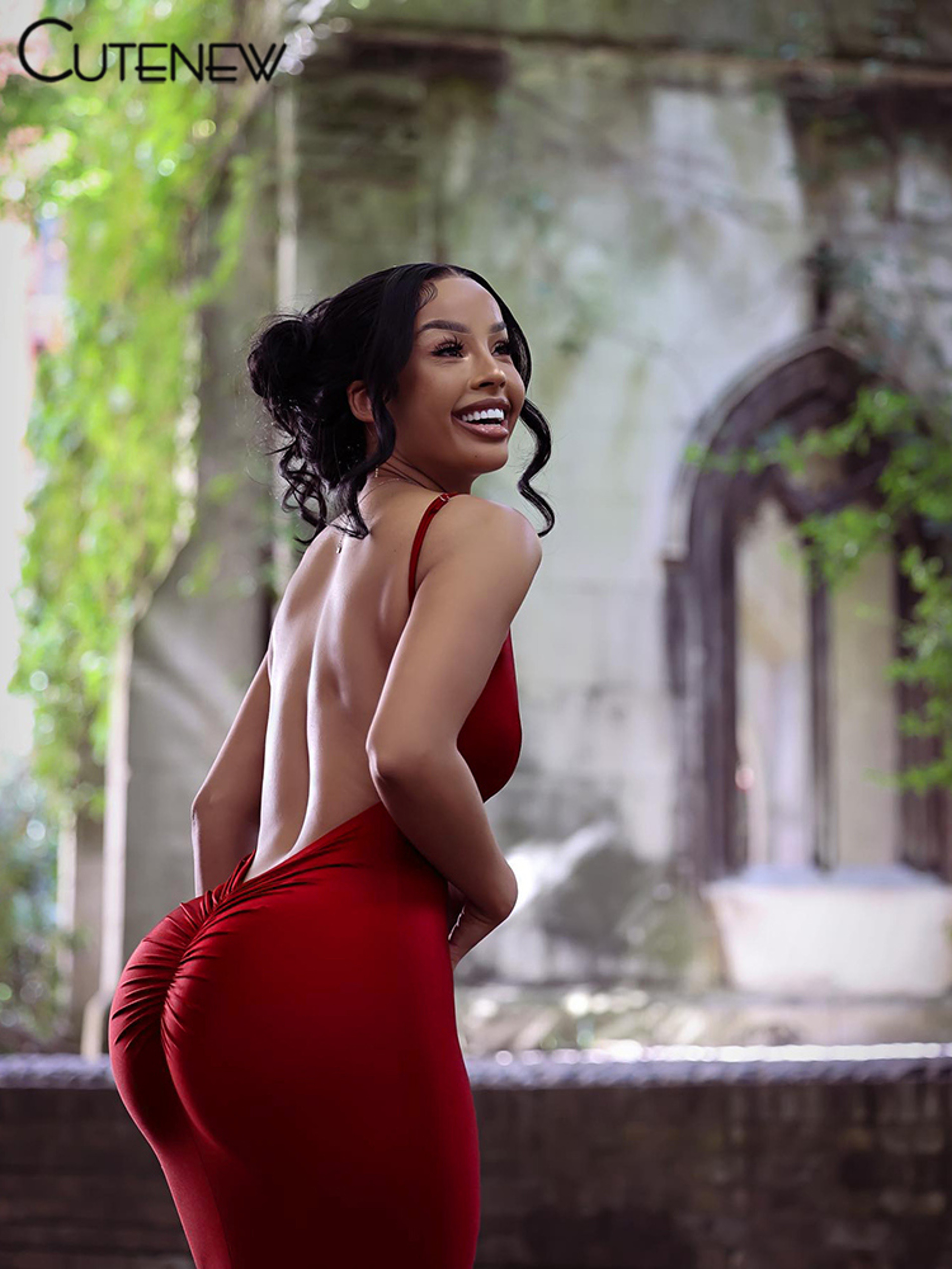 Nibber Red Shiny Backless Ruched Maxi Dress  Sexy Spaghetti Strap Bodycon Gown 3