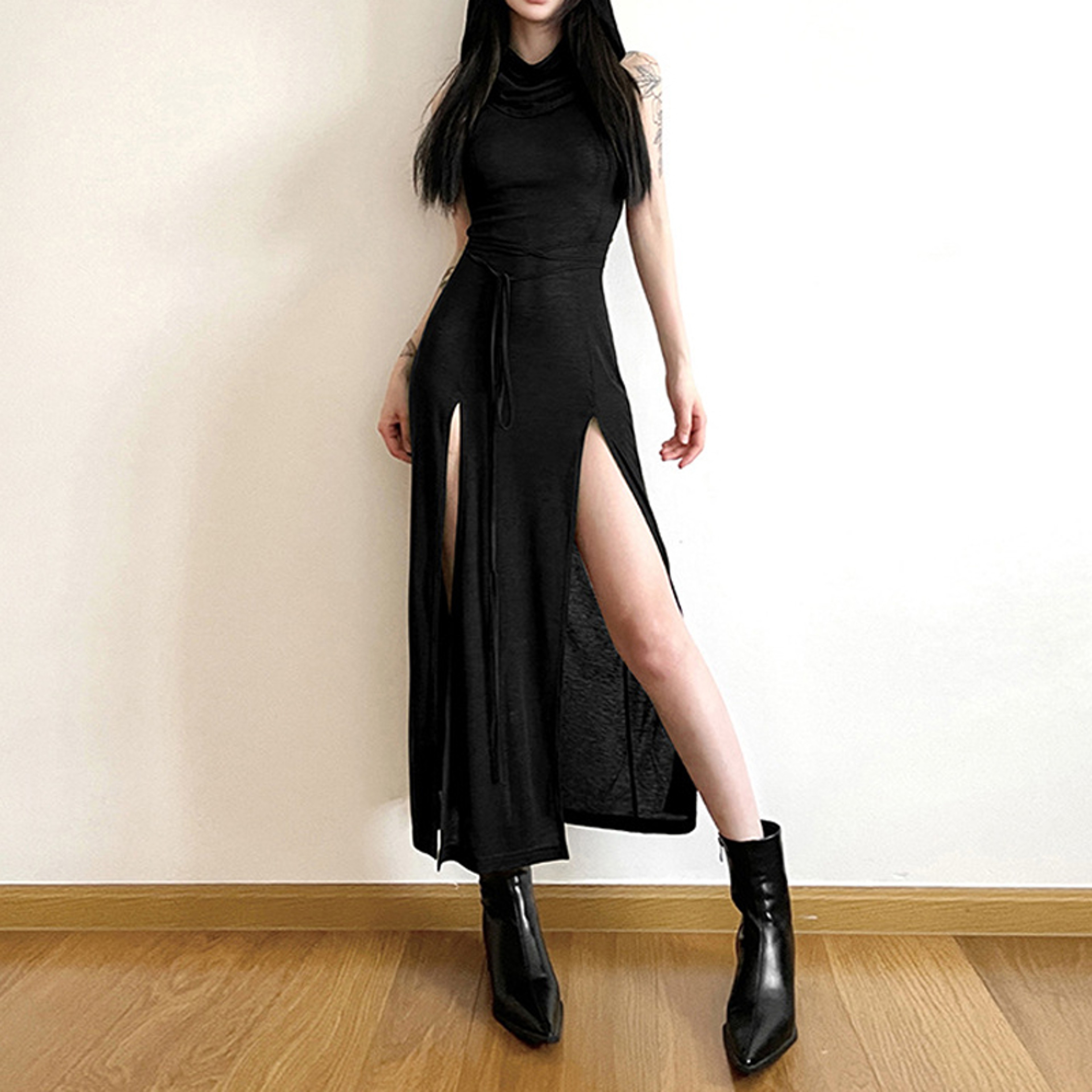 Cyber Gothic Hooded Midi Dress – view 4