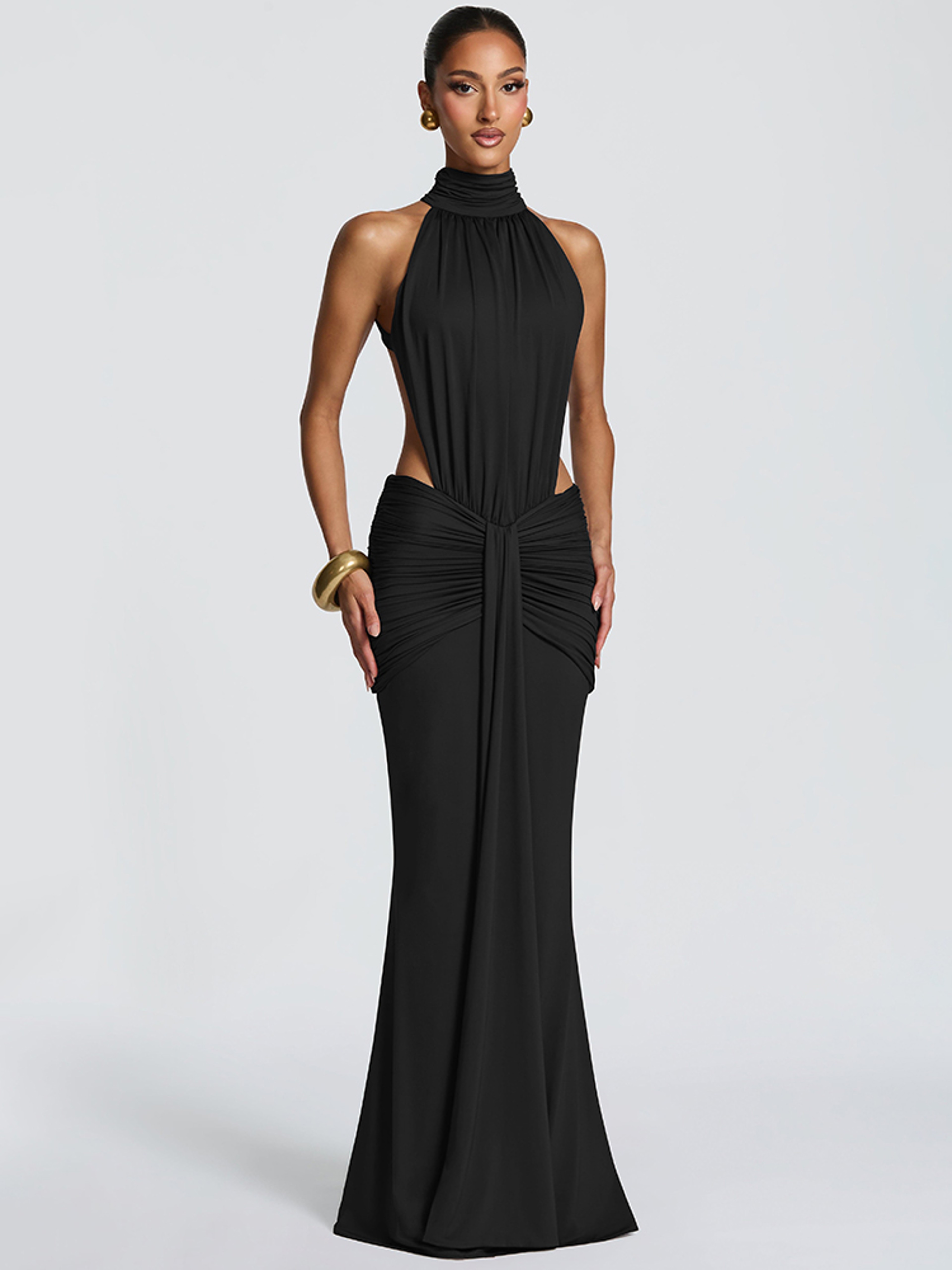Mozision Backless Turtleneck Maxi Dress Elegant Ruched Bodycon Evening Gown for Club Party – view 9