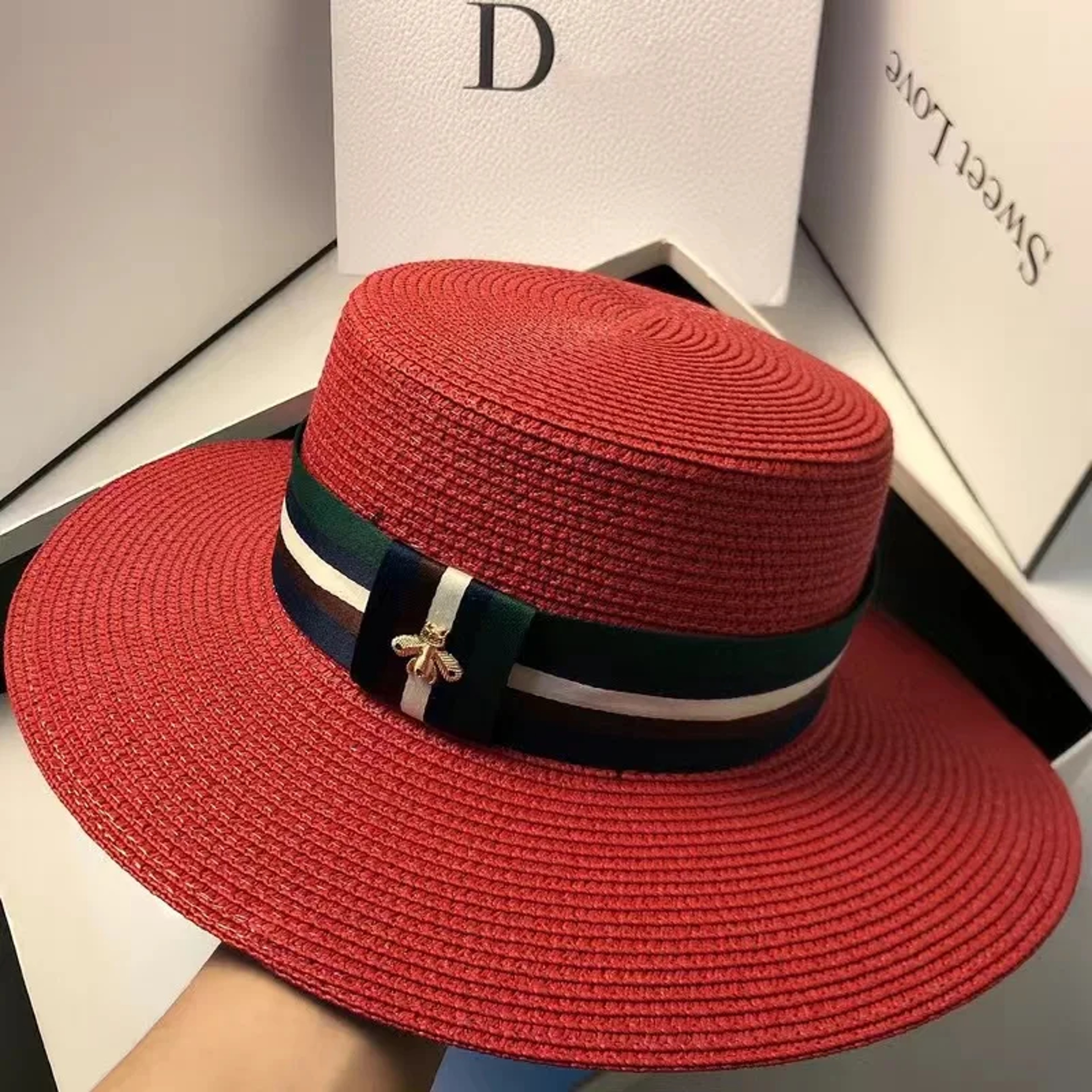 Aura Chic Striped Bee Embroidered Wide Brim Straw Sun Hat 1