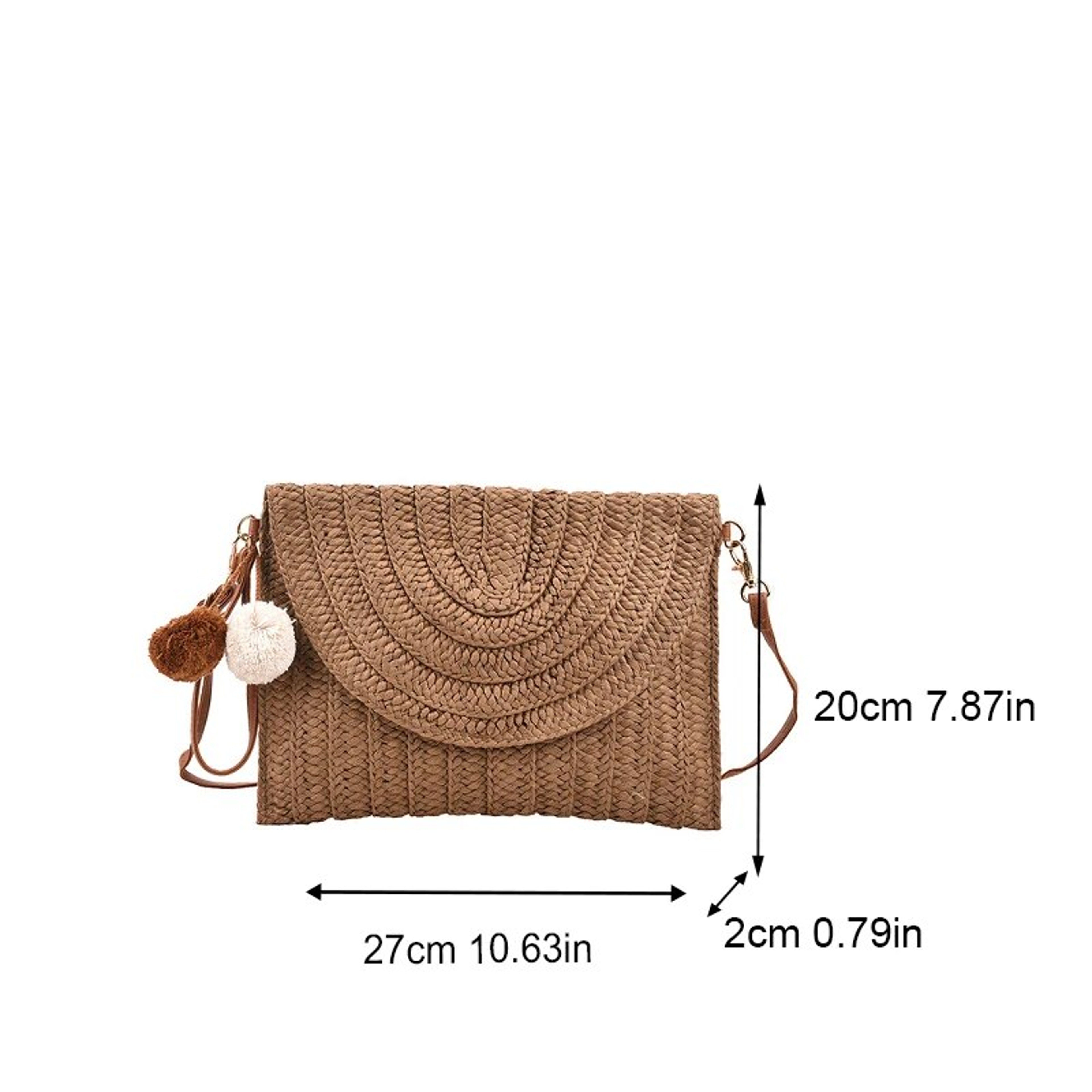 Handmade Straw Envelope Crossbody Bag With Pom Poms 4