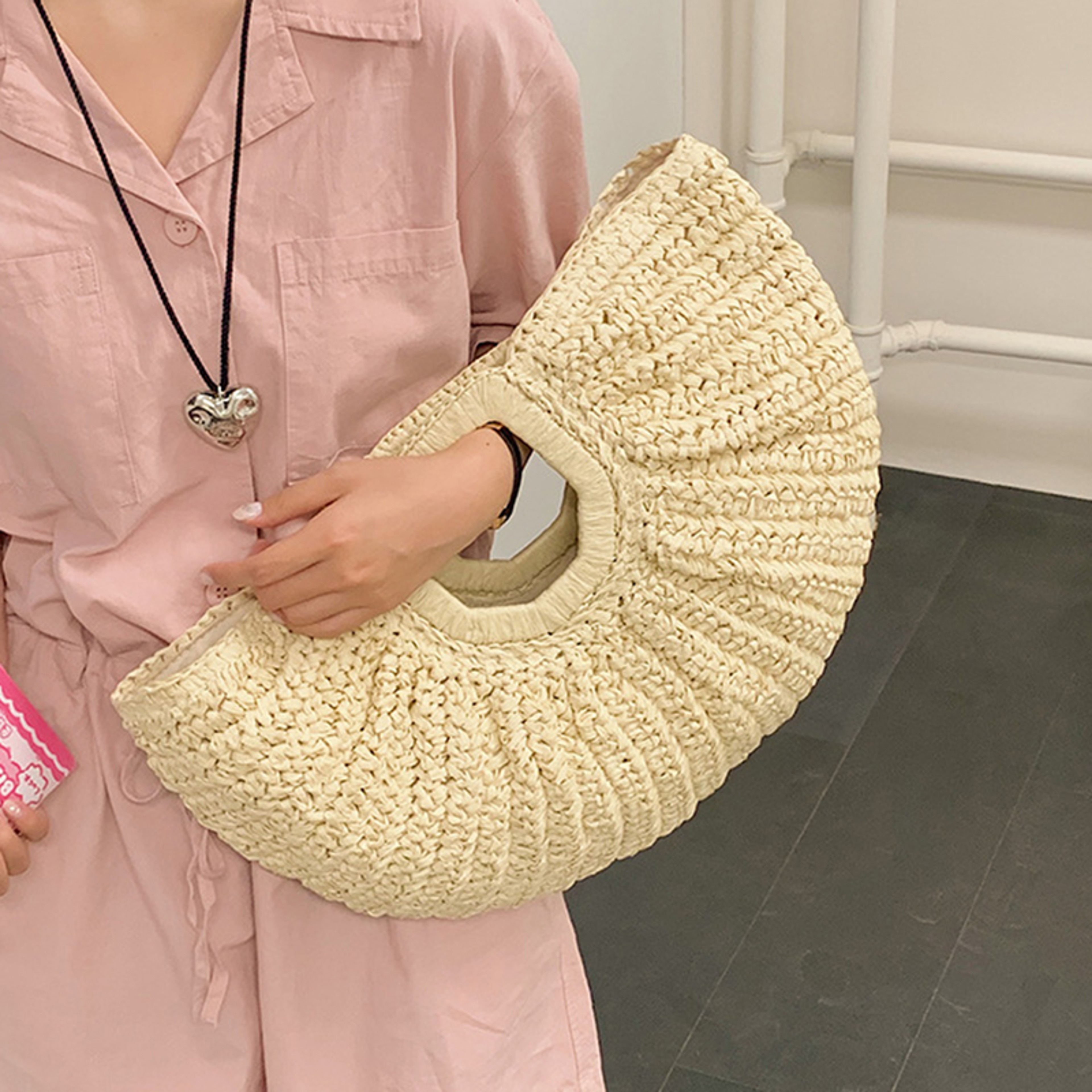 Handmade Half Moon Straw Beach Bag - Chic Rattan Handle Summer Tote – view 2
