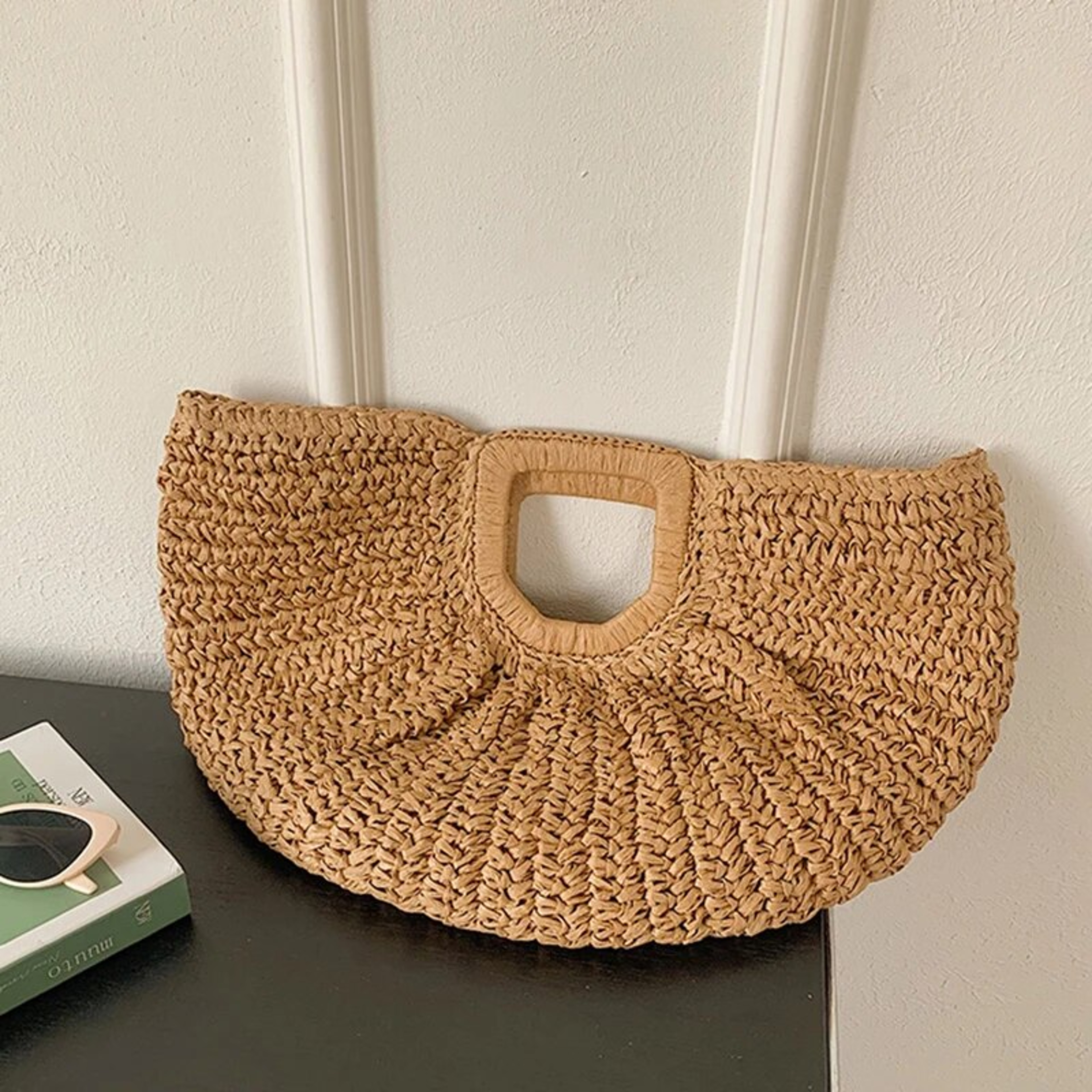 Handmade Half Moon Straw Beach Bag - Chic Rattan Handle Summer Tote – view 7