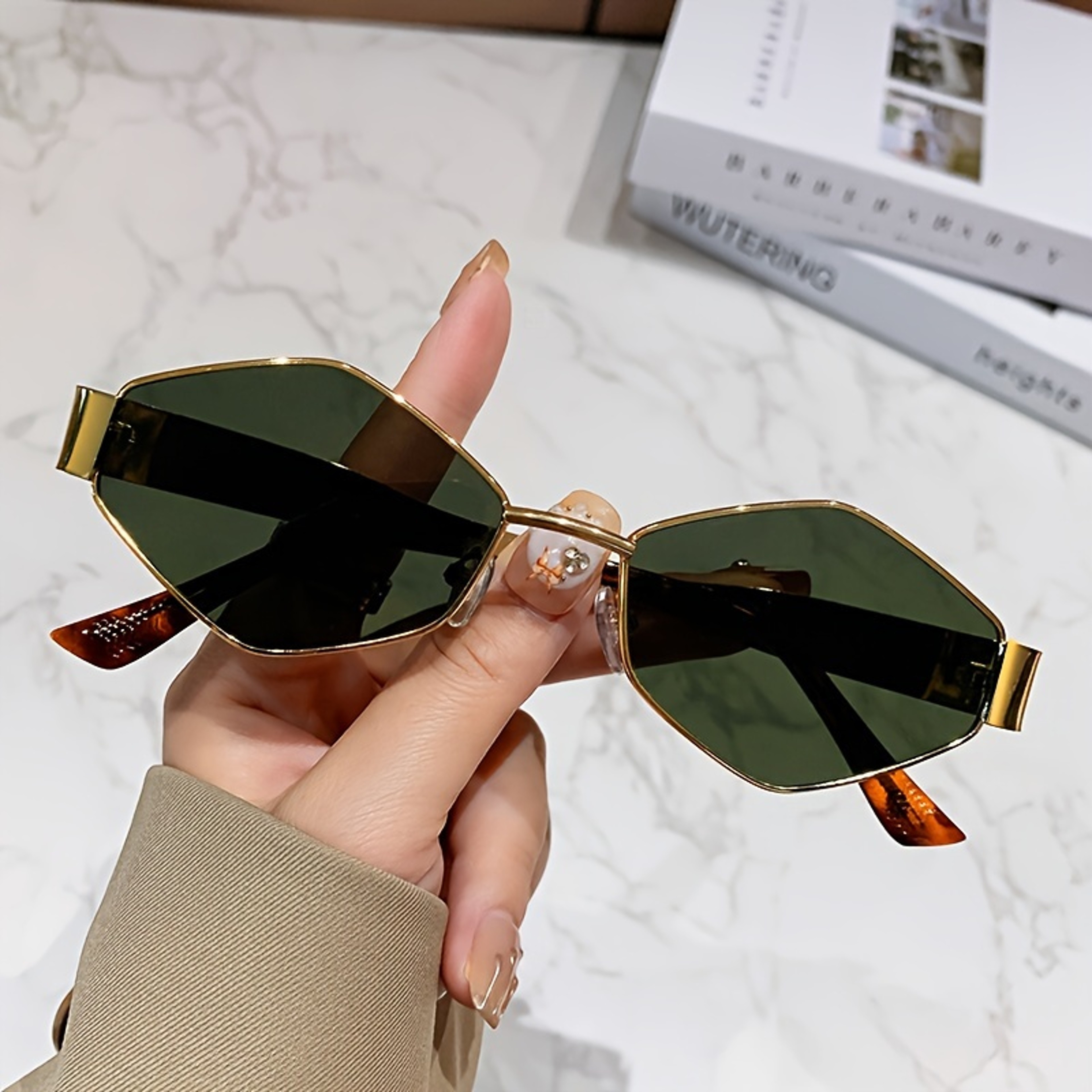 Retro Hexagon Sunglasses for Women – Vintage Gold Metal Frame Geometric Fashion Eyewear – view 4