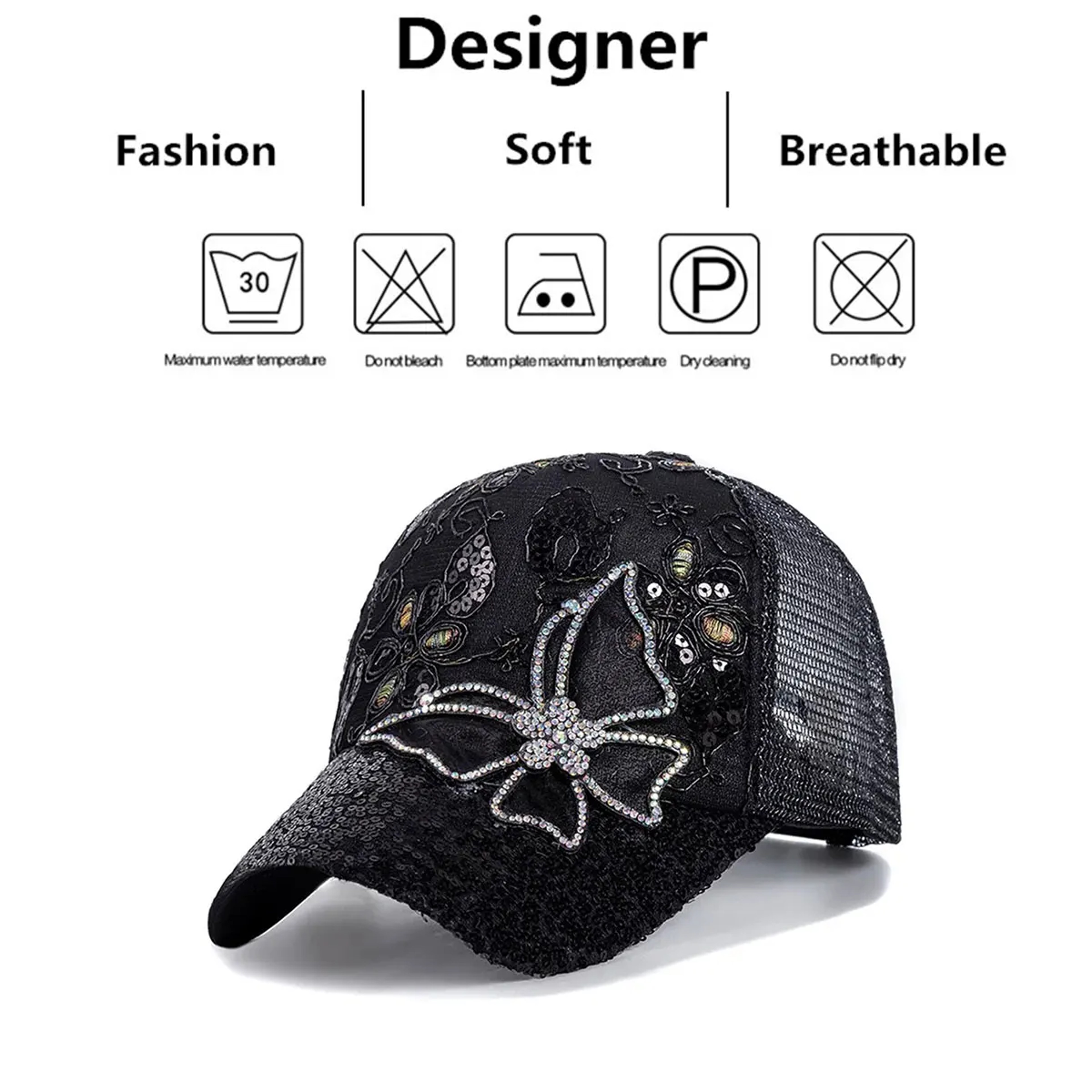 Butterfly Embroidery Glitter Baseball Cap - Women's Lace Trucker Hat for Summer – view 6