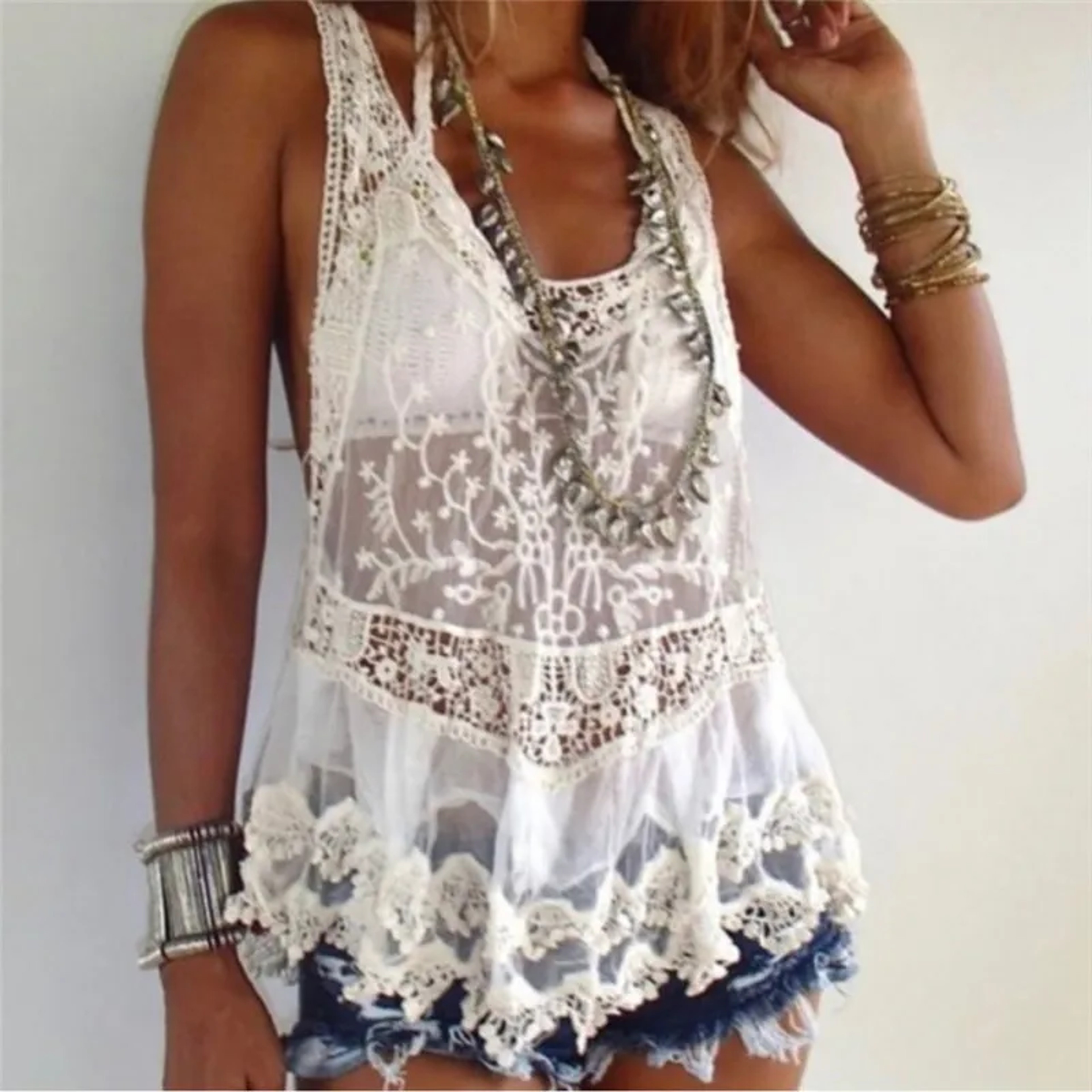 Boho Crochet Lace Racerback Tank Top  Breathable Summer Beach Swim Cover Up 0