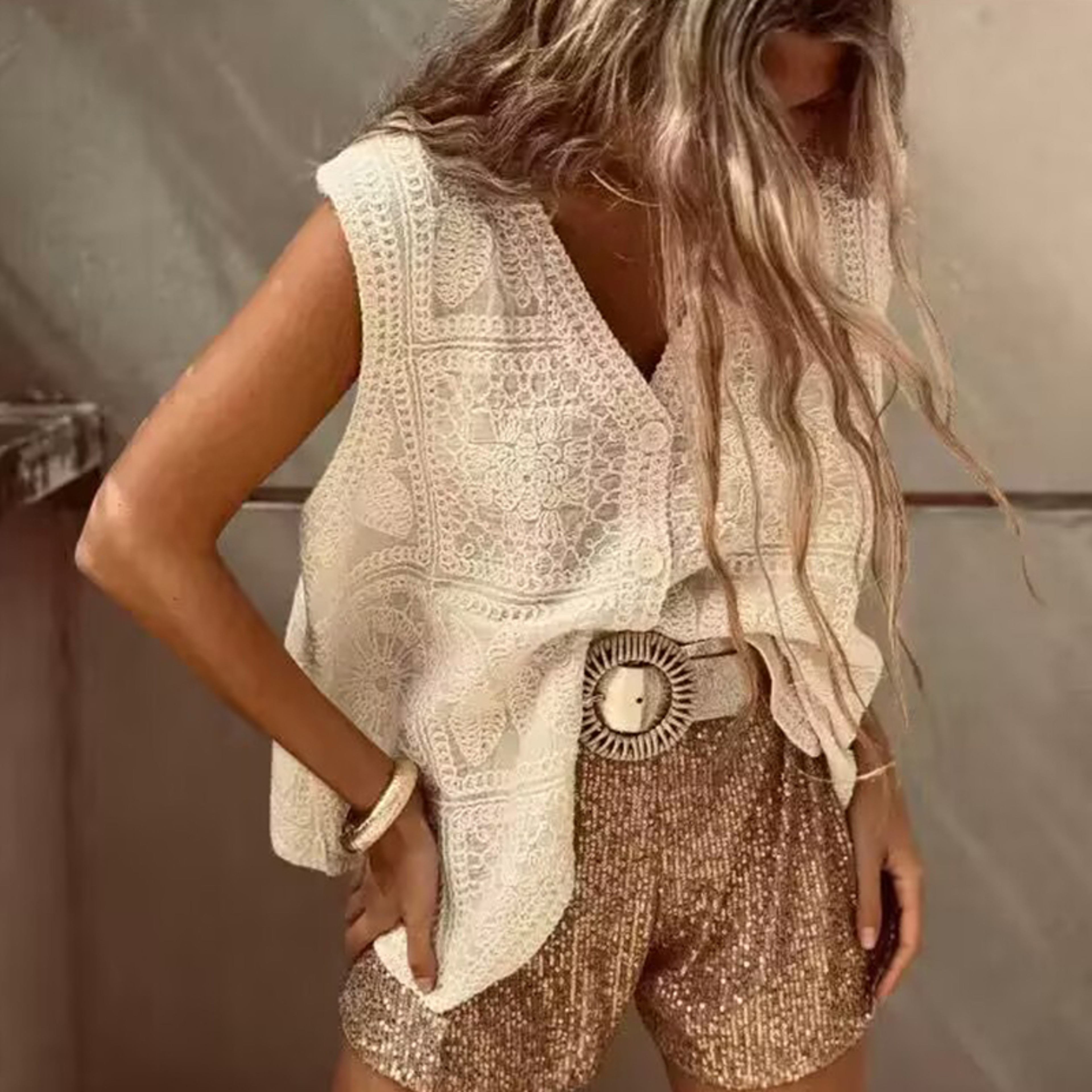 Chic Vintage Crochet V Neck Sleeveless Knitted Top  Casual Summer Vacation Vest 0