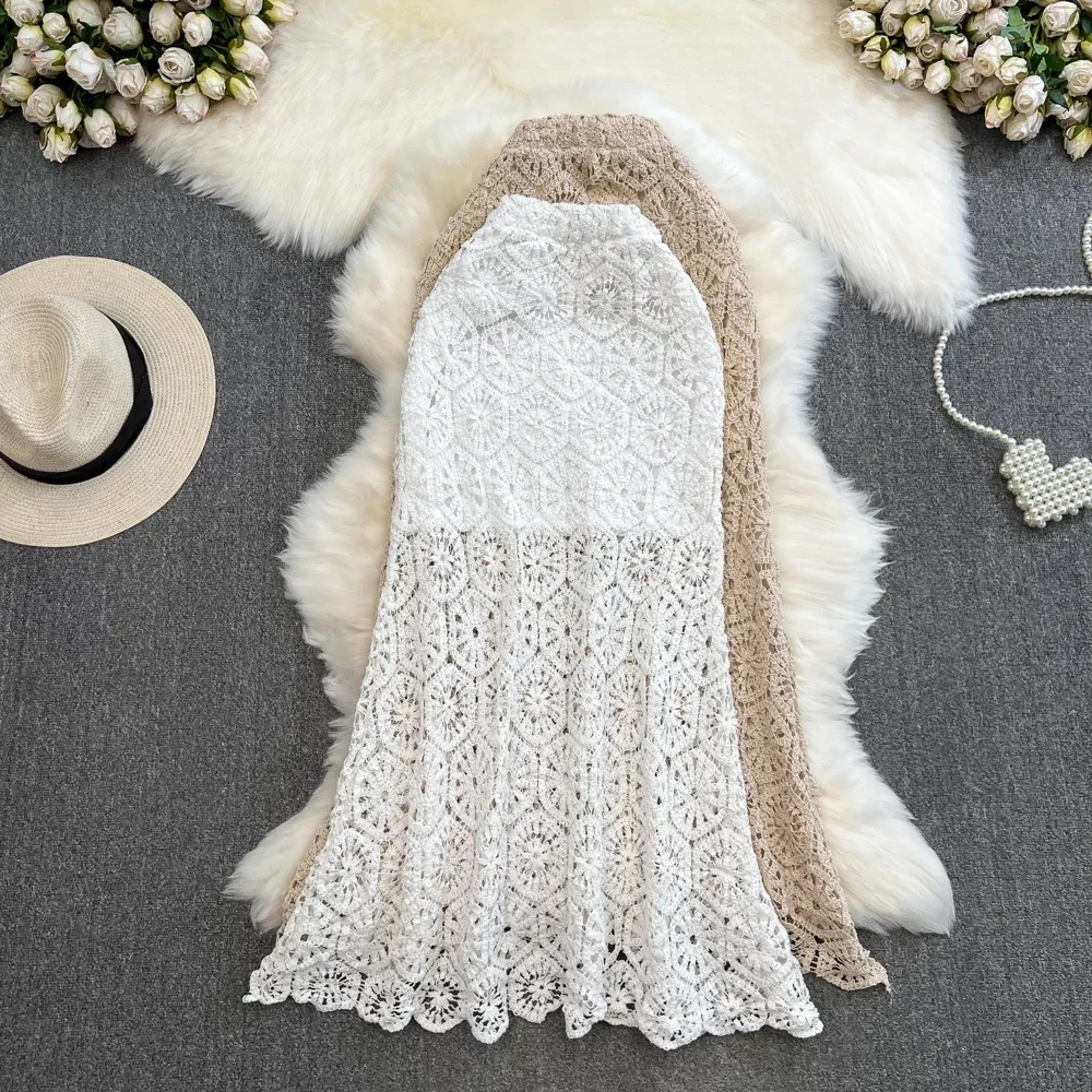 Boho Crochet Hollow Out Long Skirt Elegant Lace Patchwork Trumpet Summer Skirt 0