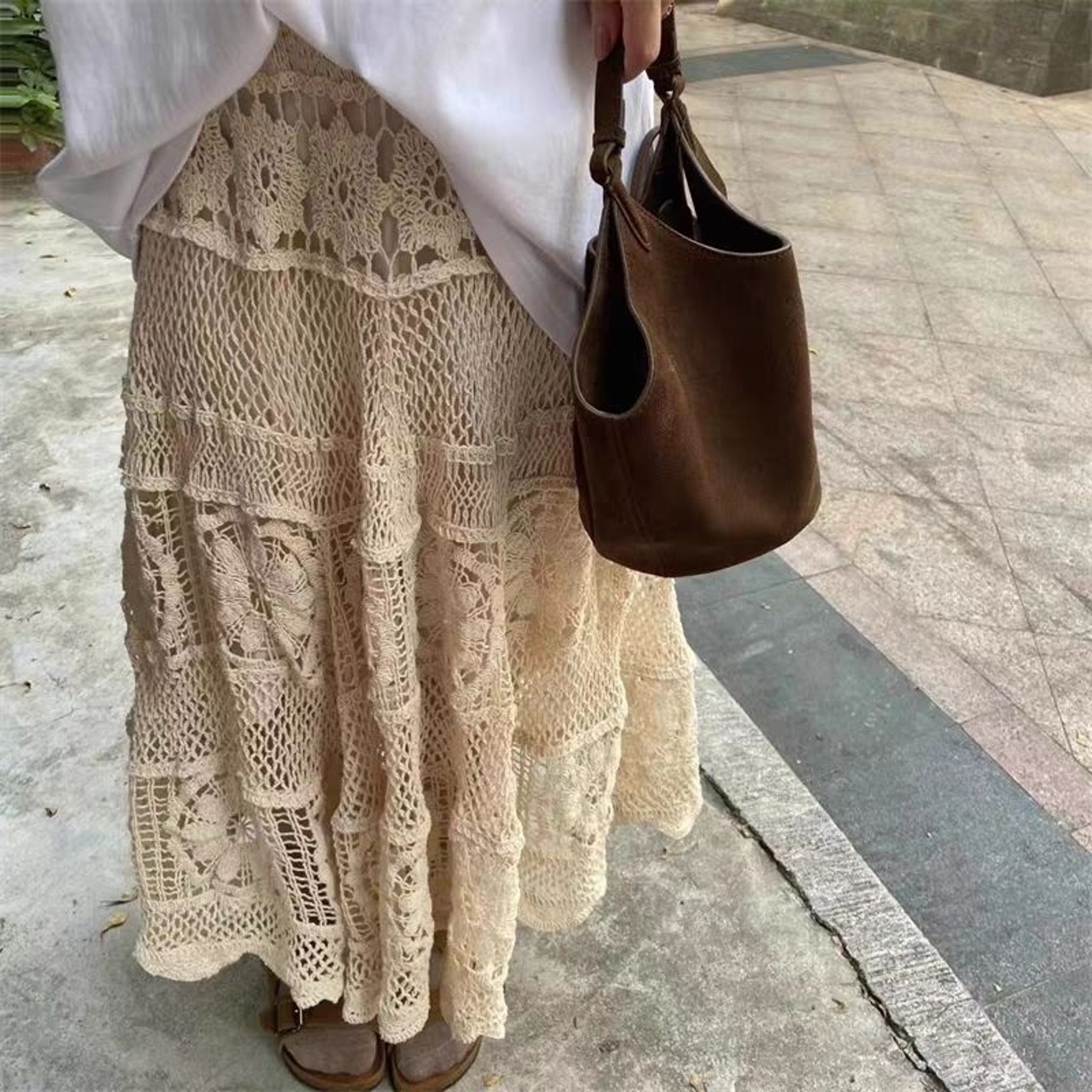 Korean Style Retro Crochet A-Line Knitted Skirt - Elegant Hollow Design Elastic Midi Skirt – view 1