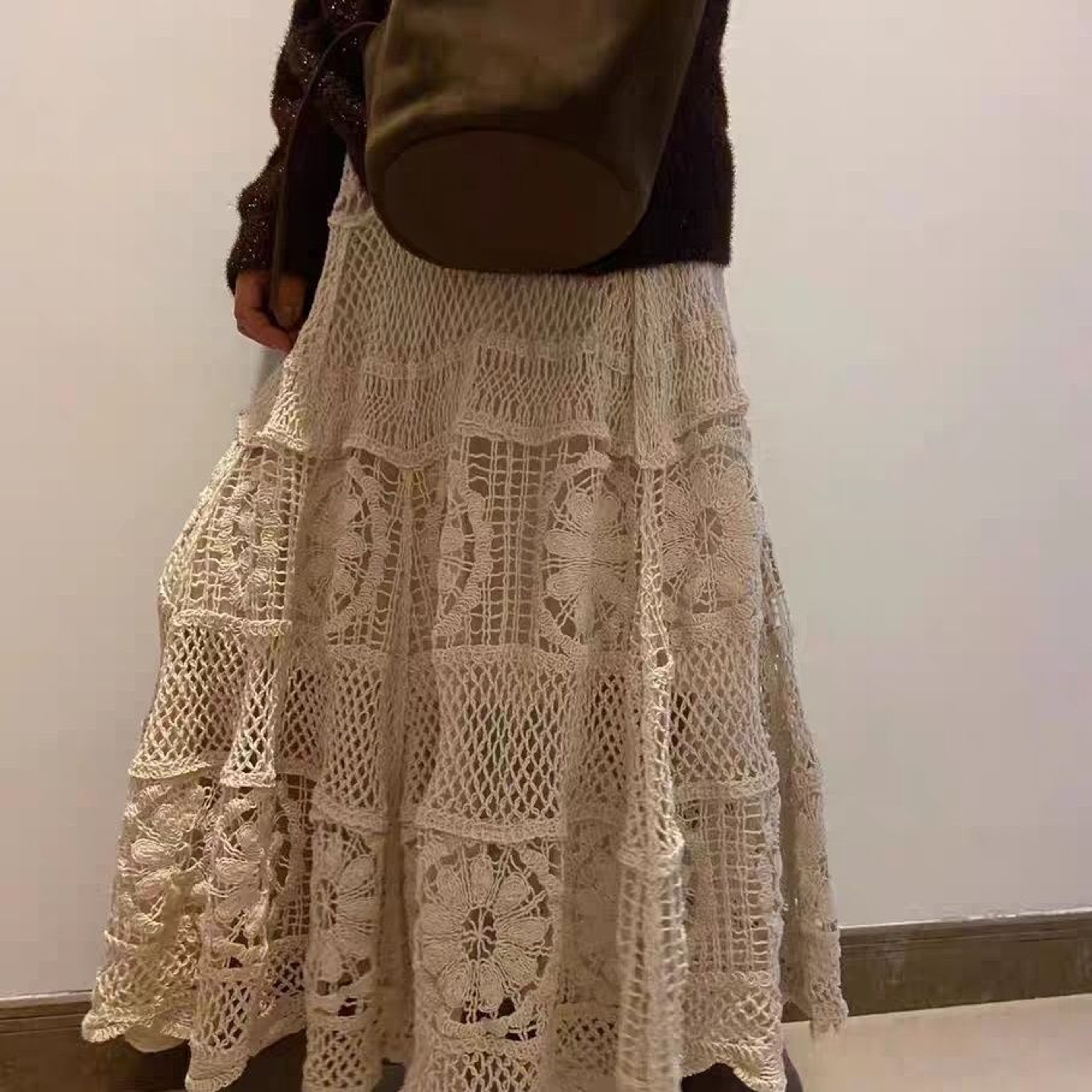 Korean Style Retro Crochet A-Line Knitted Skirt - Elegant Hollow Design Elastic Midi Skirt – view 7