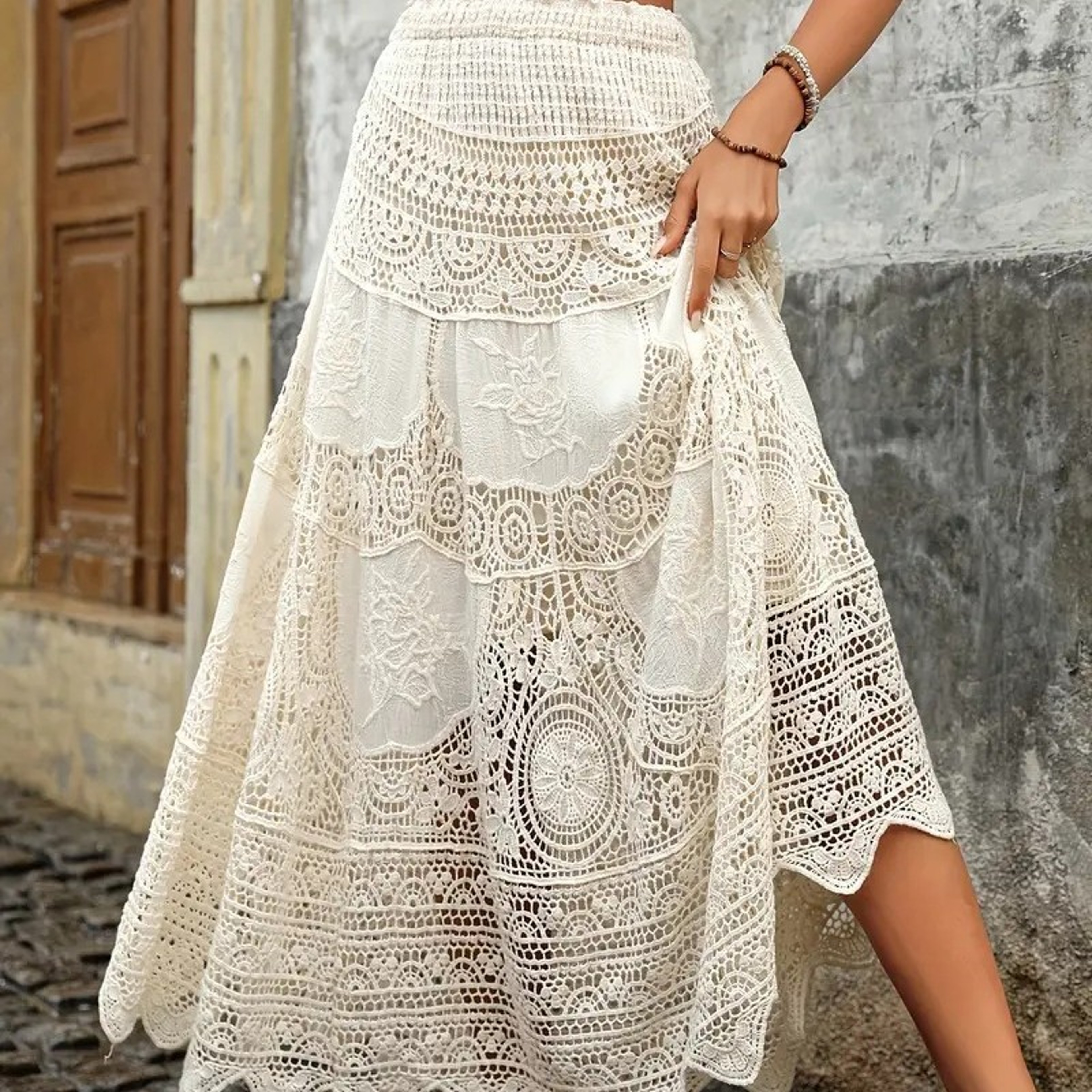 Canwedance Boho Crochet Maxi Skirt High Waisted Hollow Out Knit Beach Cover Up – view 7