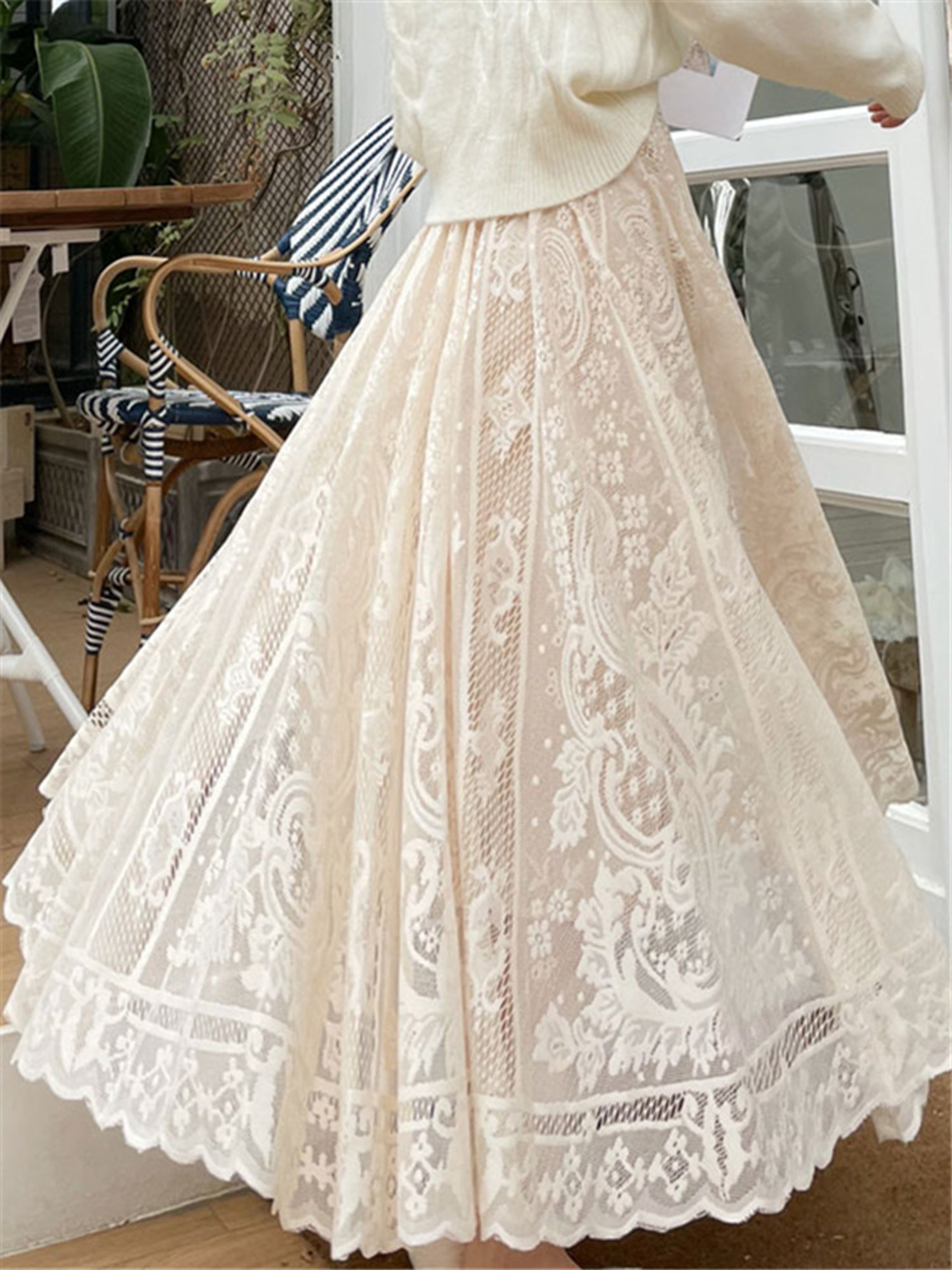 Bohemian High Waist Crochet Lace Maxi Skirt Vintage A-Line Long Umbrella Skirt – view 7