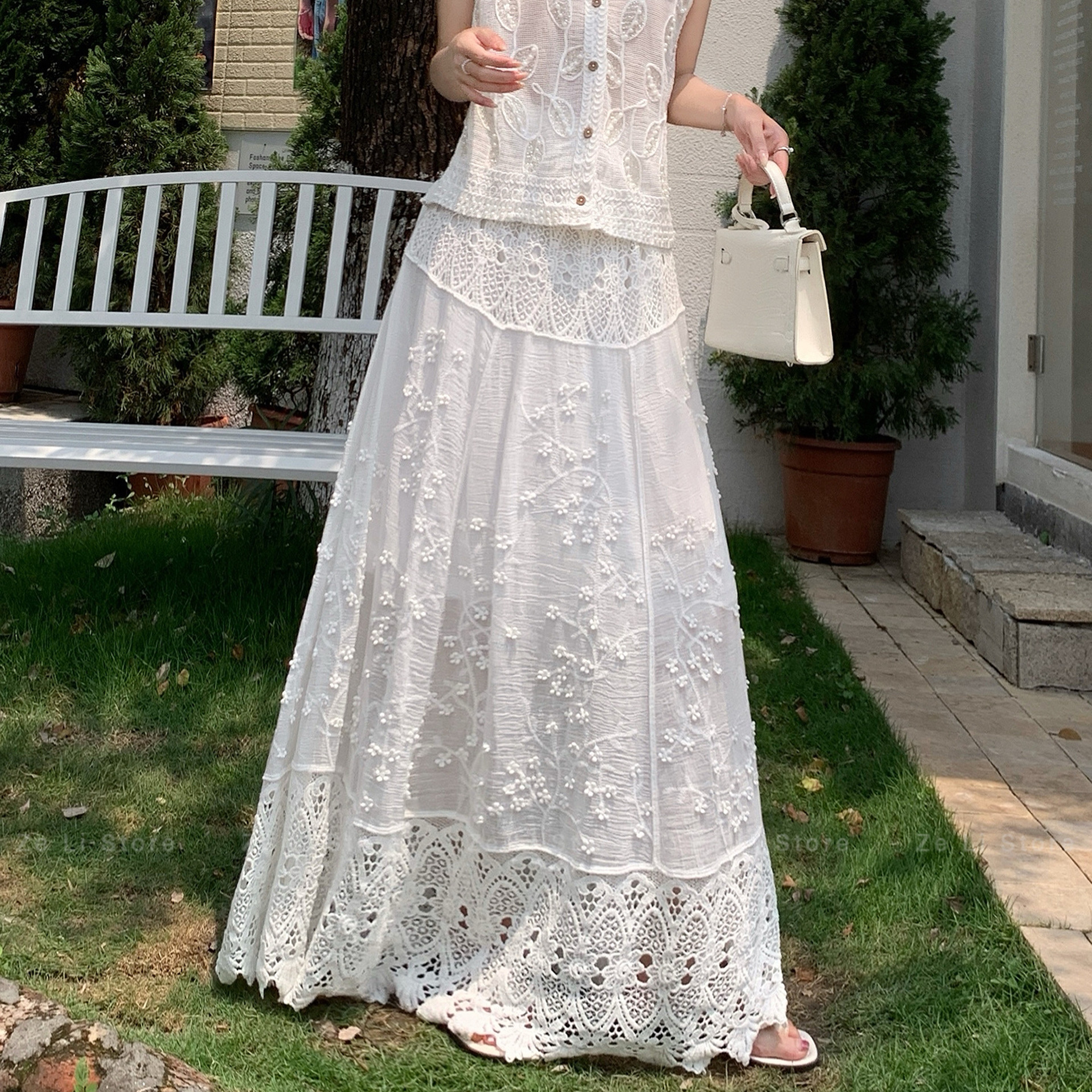 Boho Lace Crochet A-Line Maxi Skirt - High Waisted Summer Skirt for Women – view 8