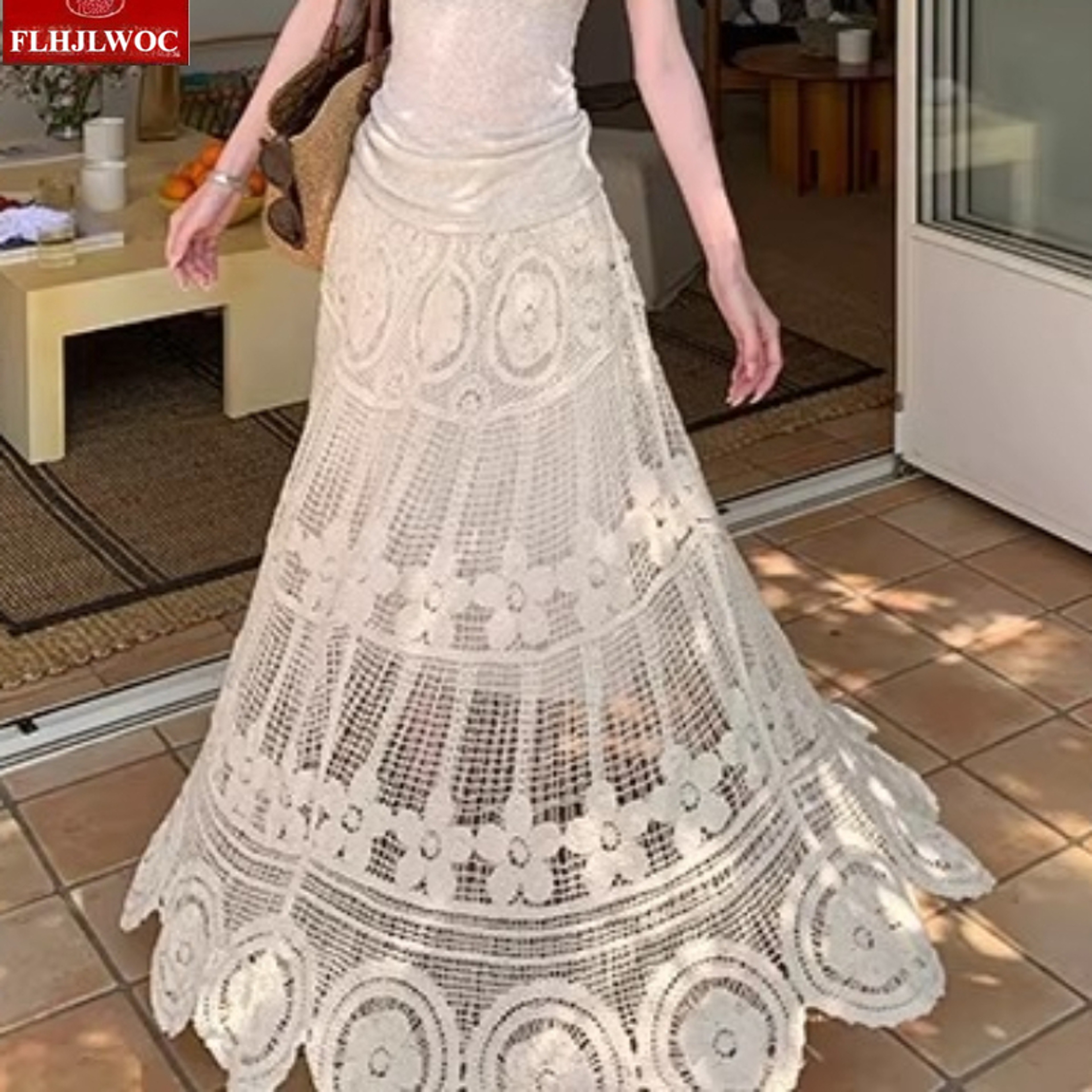 Aura Bohemian Vintage Crochet Maxi Skirt – Romantic Mori Girl Hollow Out Holiday Long Skirt – view 3