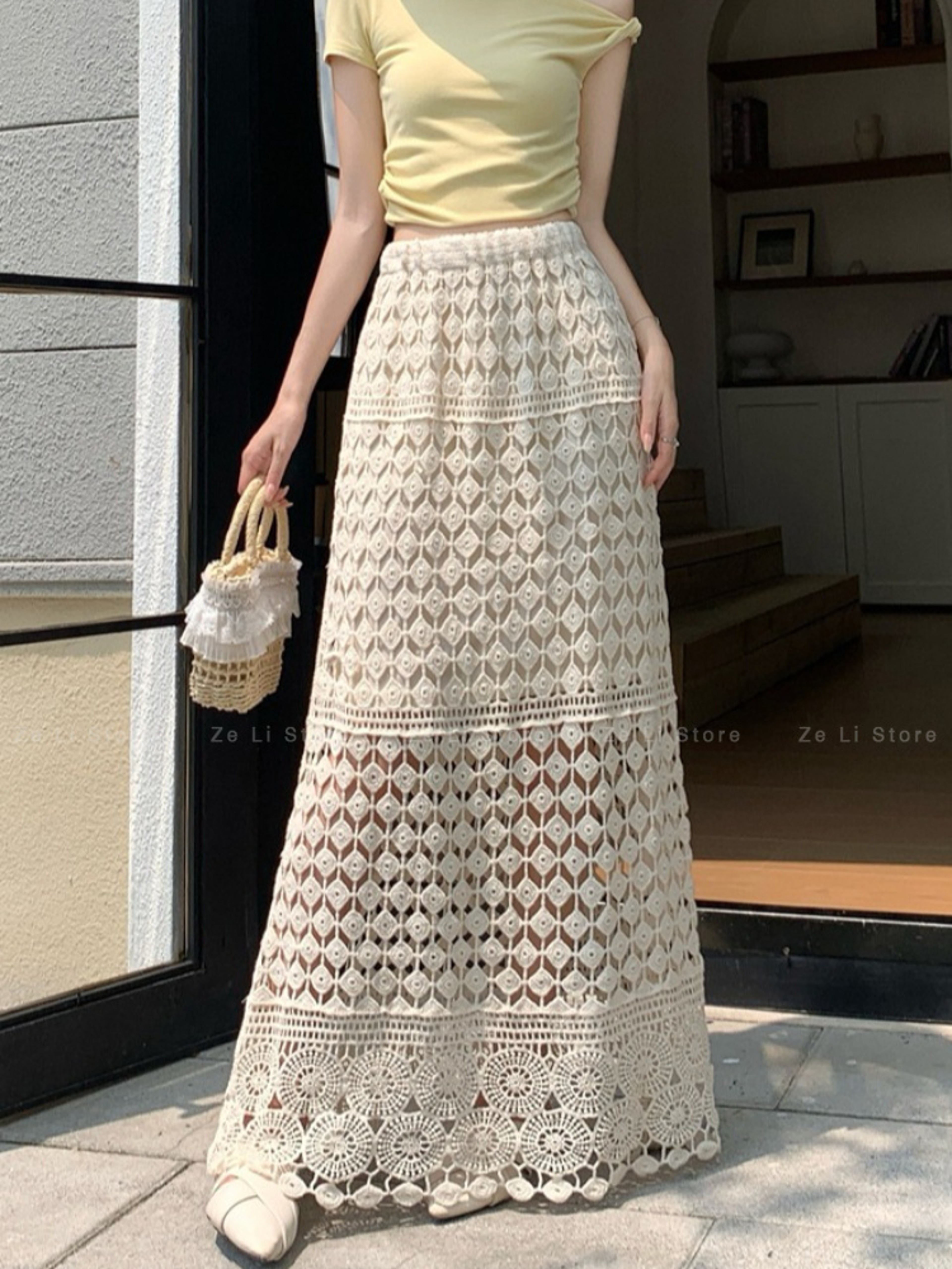Vintage Lace Crochet Skirt - High Waisted Slimming Summer Maxi – view 6