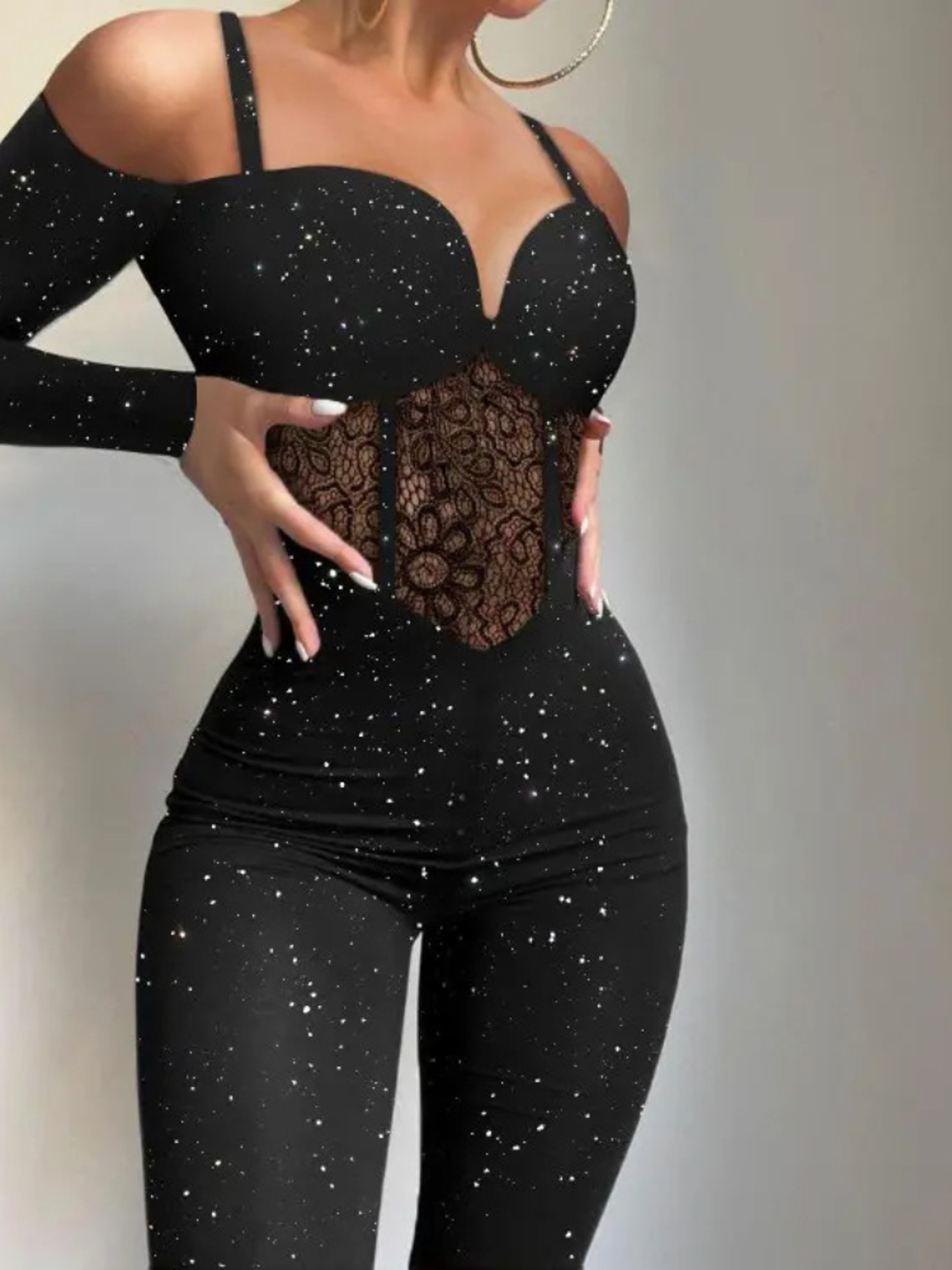 Lace Hollow Out High Waist Bodycon Jumpsuit 0