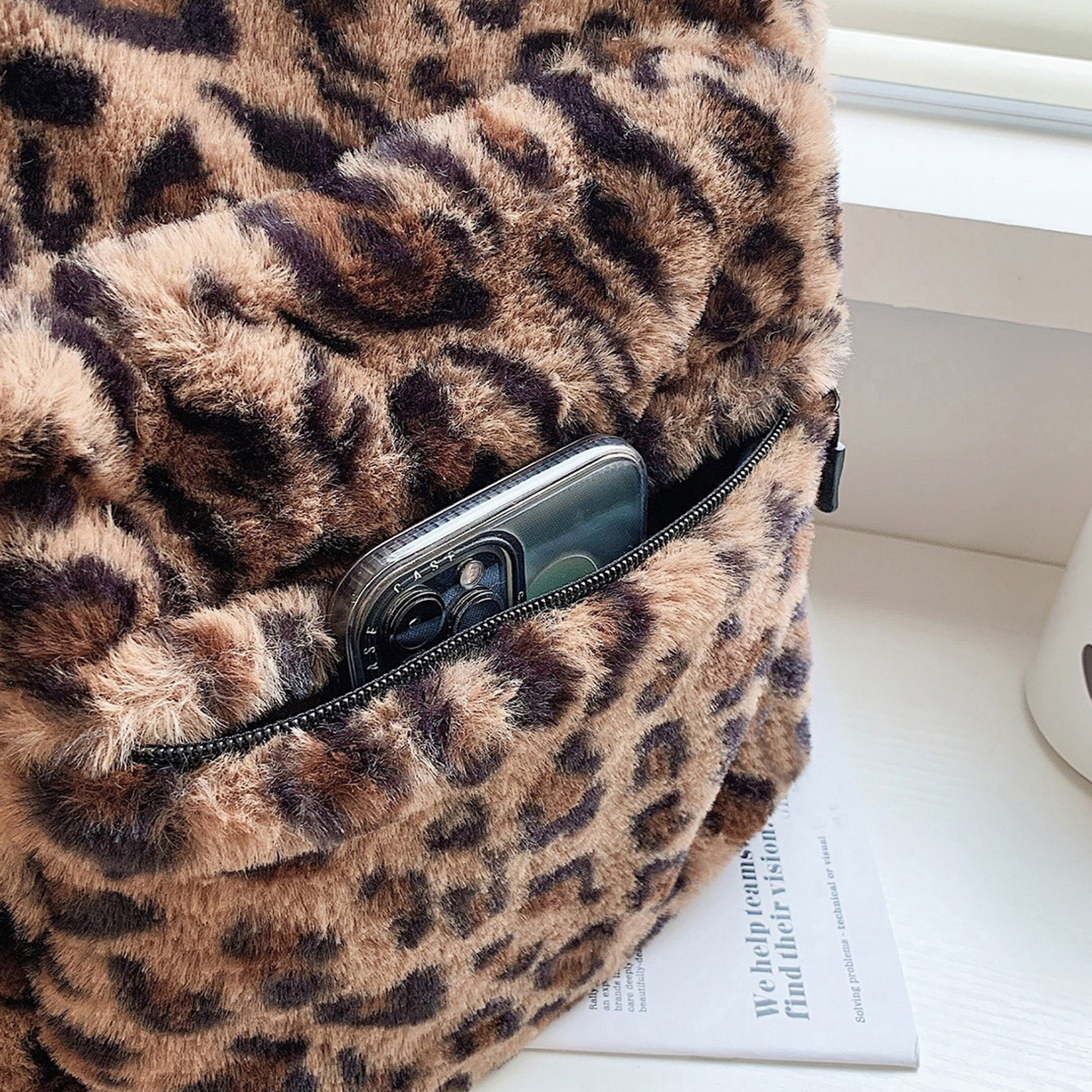 Leopard Print Plush Backpack Purse With Adjustable Straps 4