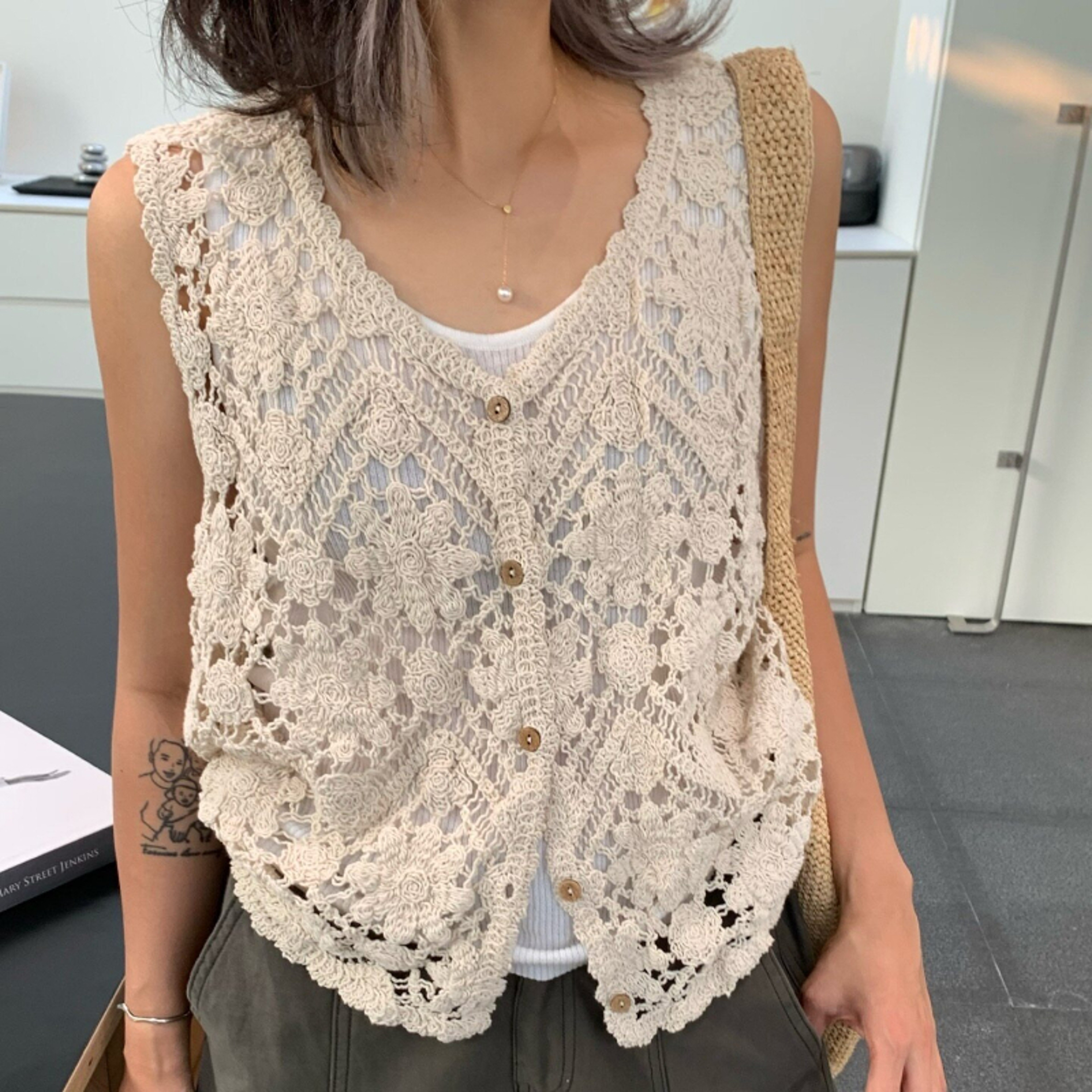 Boho Floral Embroidered Crochet Vest Hollow Out Knit Festival Cardigan – view 1